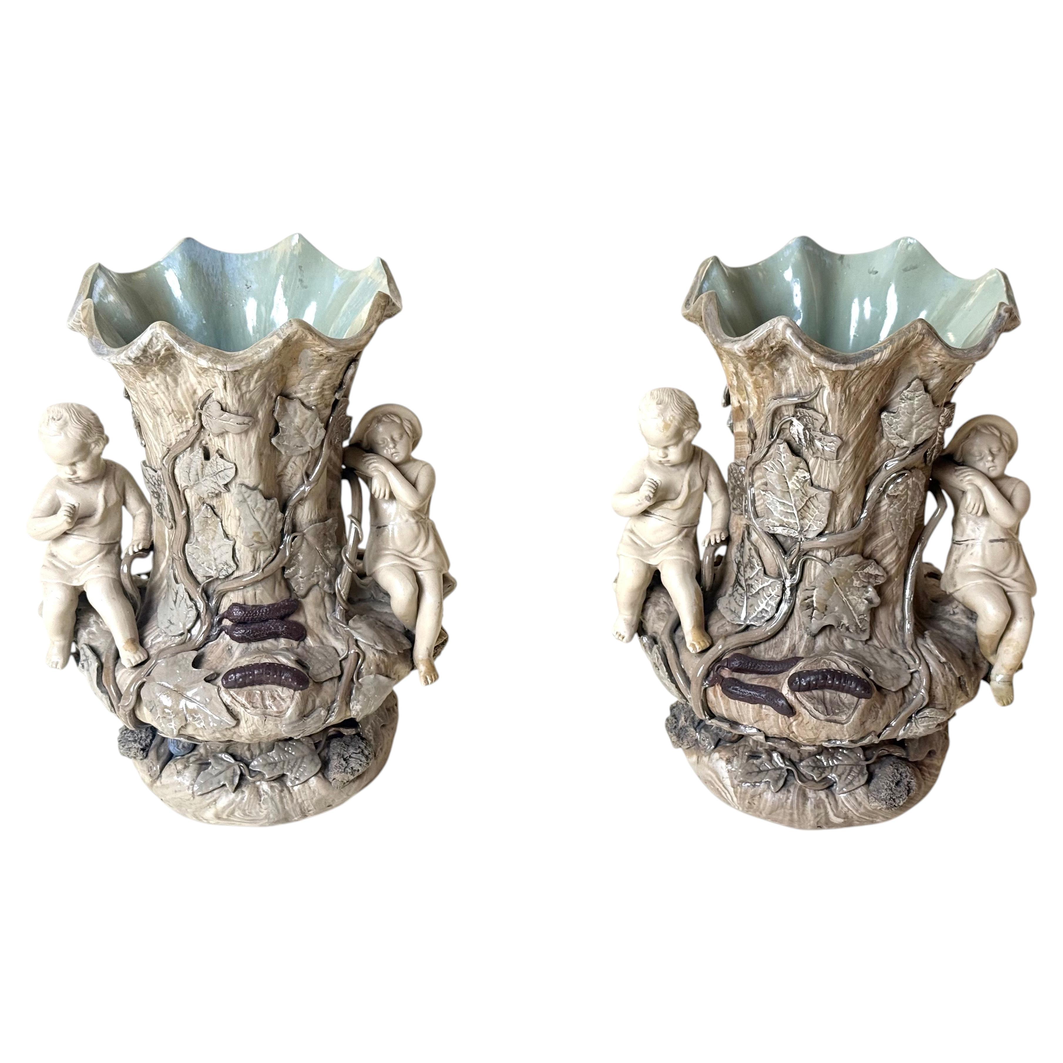 Pre-owned Villeroy & Boch Pair Of  Figural Majolica Tree Trunk Vases, Germany, C. 1890 In Clear