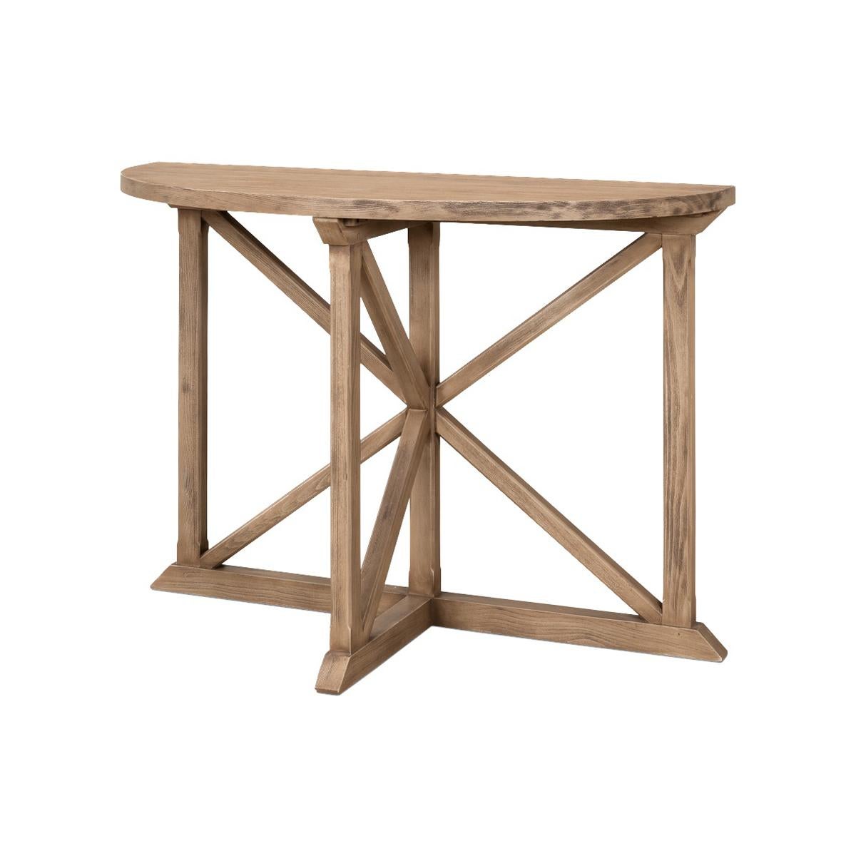 Rustic Pair of Vineyard Demilune Console Tables For Sale