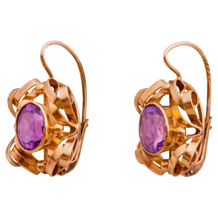 Paar Amethyst-Ohrringe aus 14 Karat Gold im Vintage-Stil, 1960er Jahre