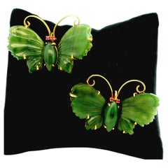 Pair of Vintage 14K Gold Carved Jade Butterfly Brooches with Ruby Eyes