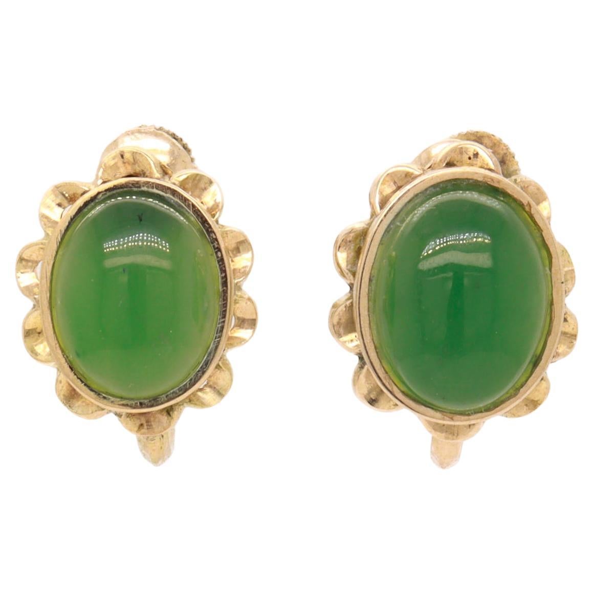 Pair of Vintage 14K Gold & Jade Cabochon Floral Screwback Earrings