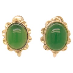 Pair of Vintage 14K Gold & Jade Cabochon Floral Screwback Earrings