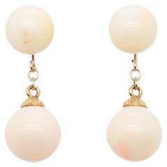 Pair of Vintage 14K Gold & Pearl Double Coral Bead Drop / Dangle Earrings