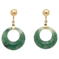 Pair of Vintage 14k Yellow Gold and Spinach Jade Hoop Screw Back Earrings
