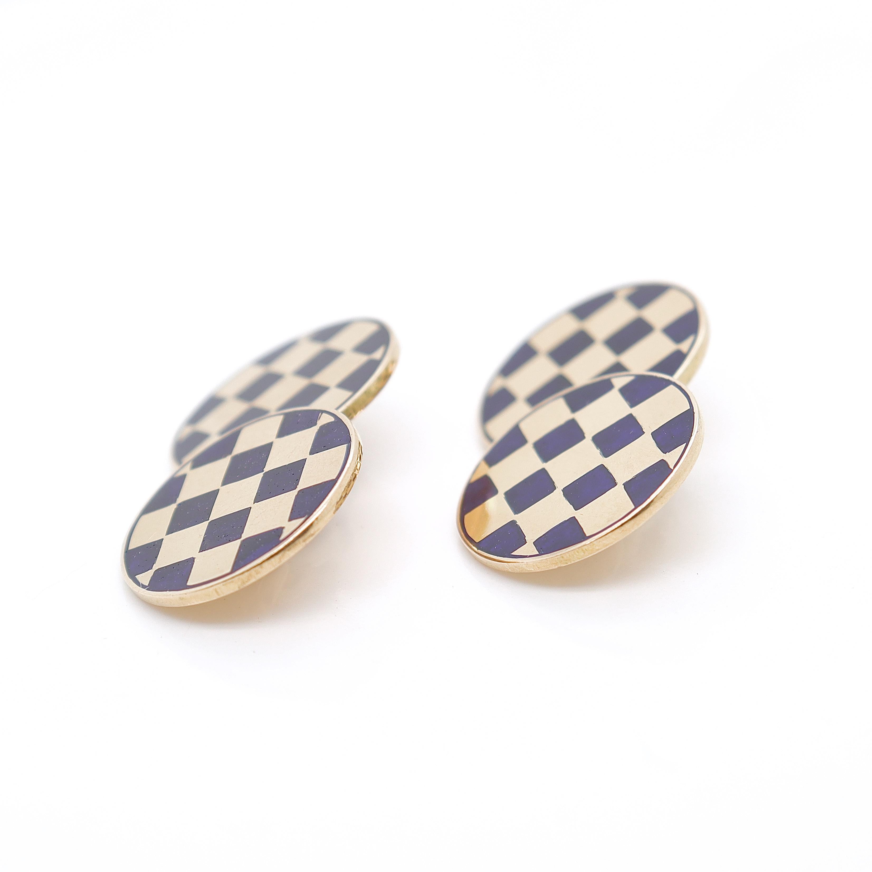 Pair of Vintage 14K Yellow Gold & Blue Enamel Checkerboard Cufflinks For Sale 1