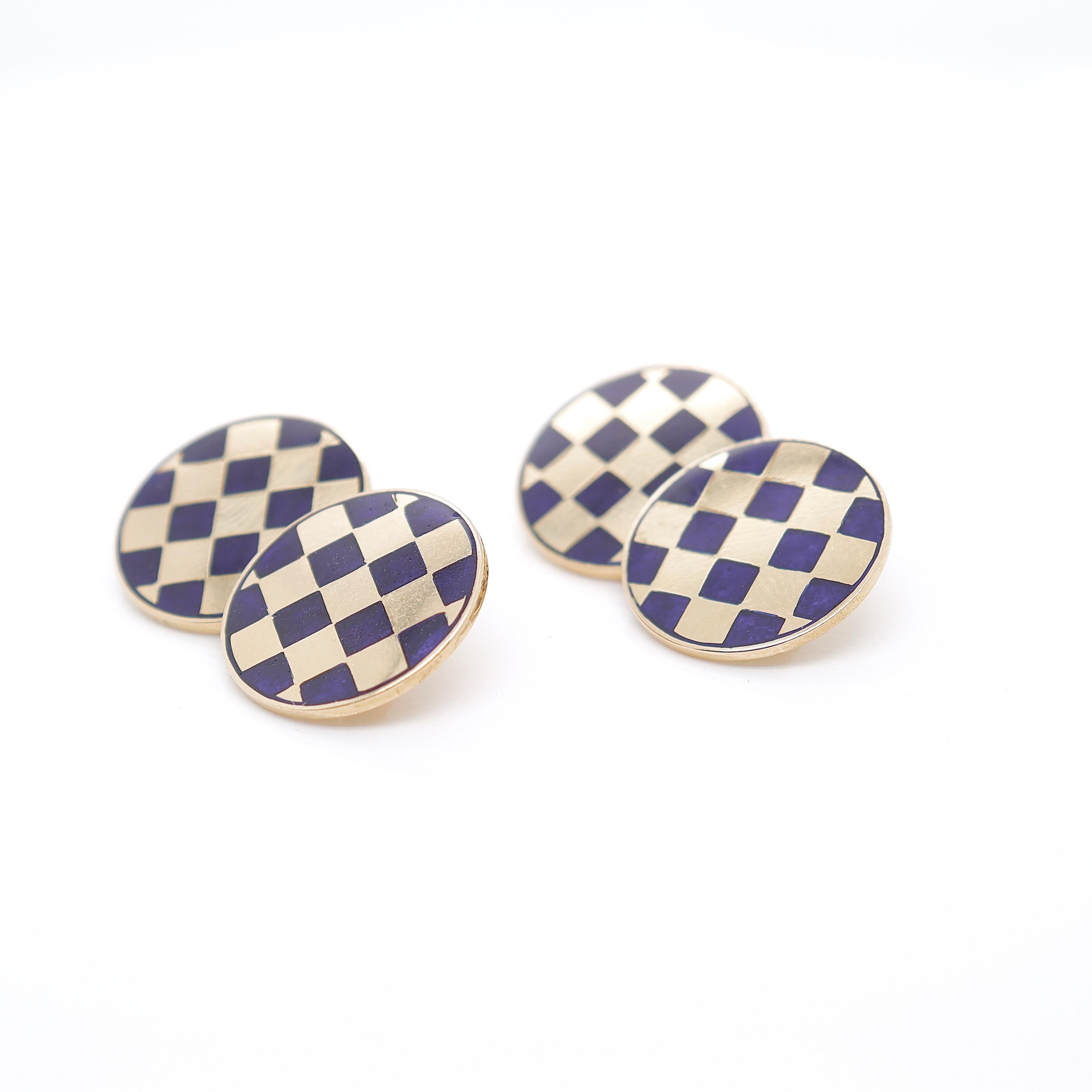 Pair of Vintage 14K Yellow Gold & Blue Enamel Checkerboard Cufflinks For Sale 2