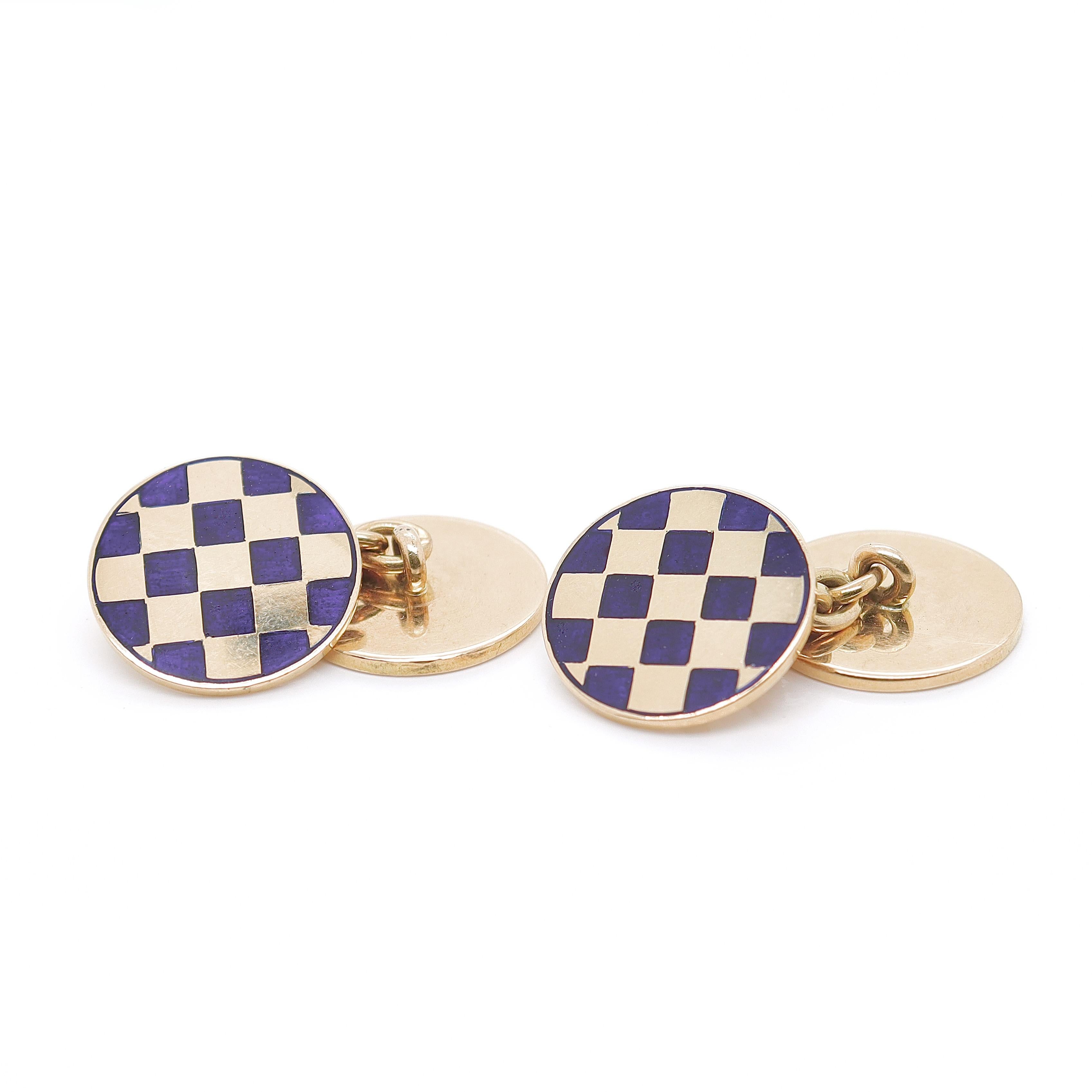 Pair of Vintage 14K Yellow Gold & Blue Enamel Checkerboard Cufflinks For Sale 3