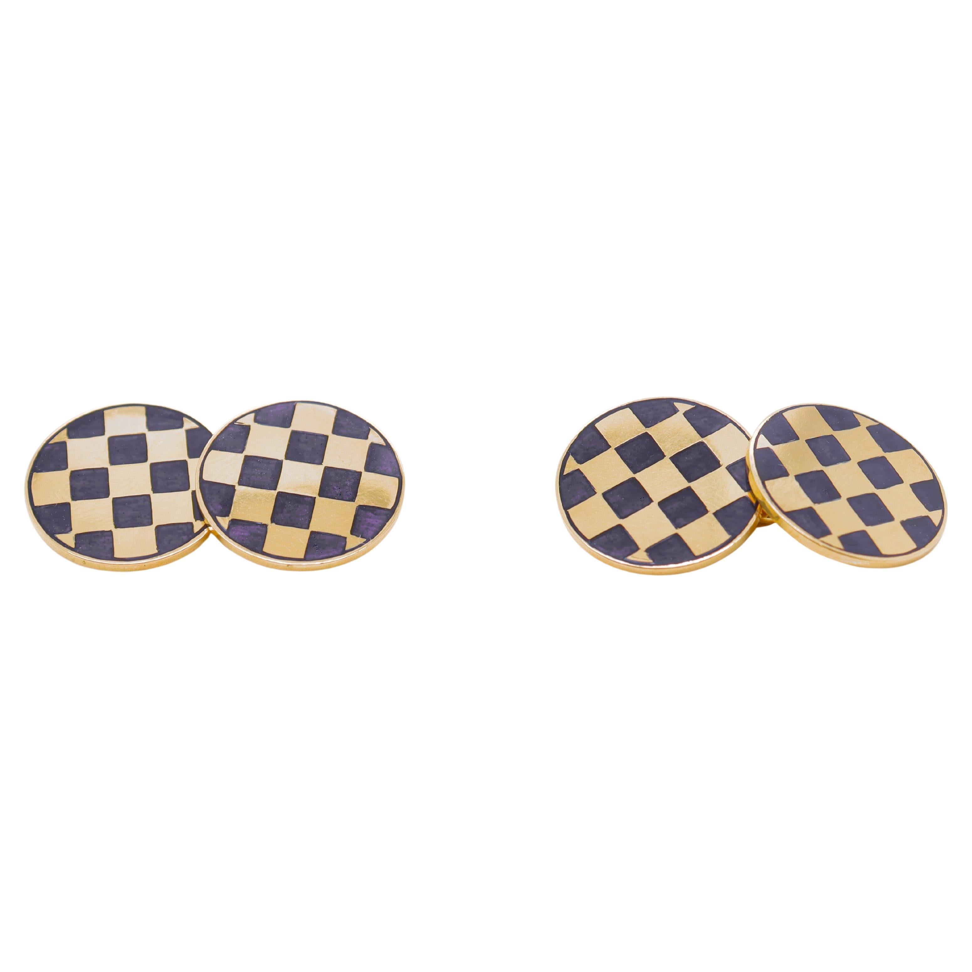 Paar Manschettenknöpfe aus 14 Karat Gelbgold und blauer Emaille mit Schachbrettmuster