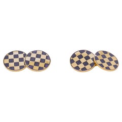 Pair of Vintage 14K Yellow Gold & Blue Enamel Checkerboard Cufflinks