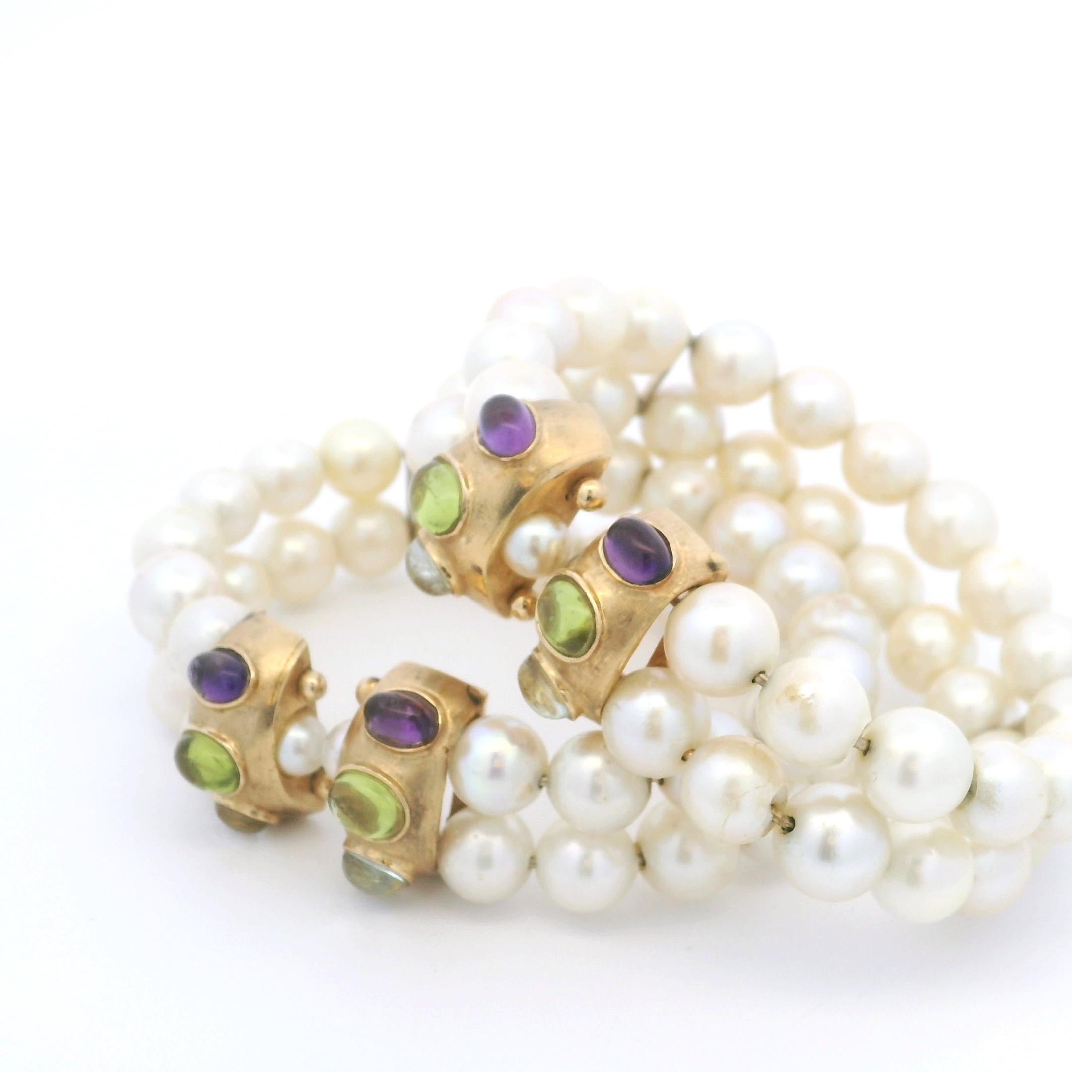 Paar Vintage 14K Gelbgold Süßwasserperlen & Multi-Edelsteine Cabochon-Armband im Angebot 6