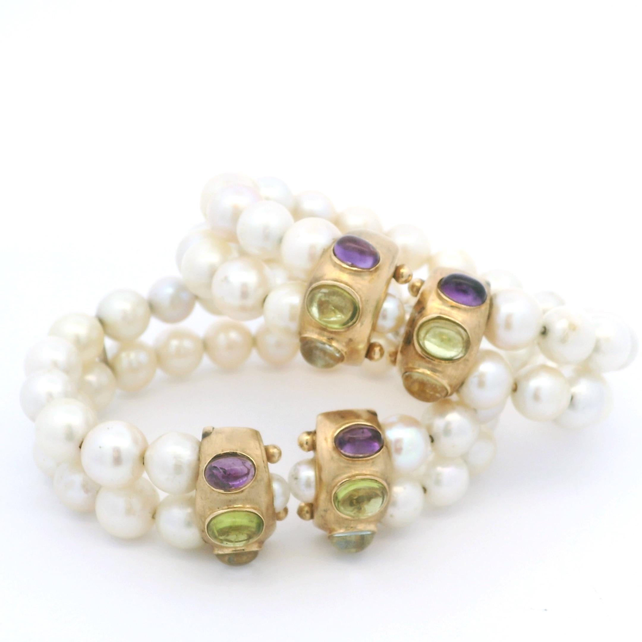 Paar Vintage 14K Gelbgold Süßwasserperlen & Multi-Edelsteine Cabochon-Armband im Angebot 7