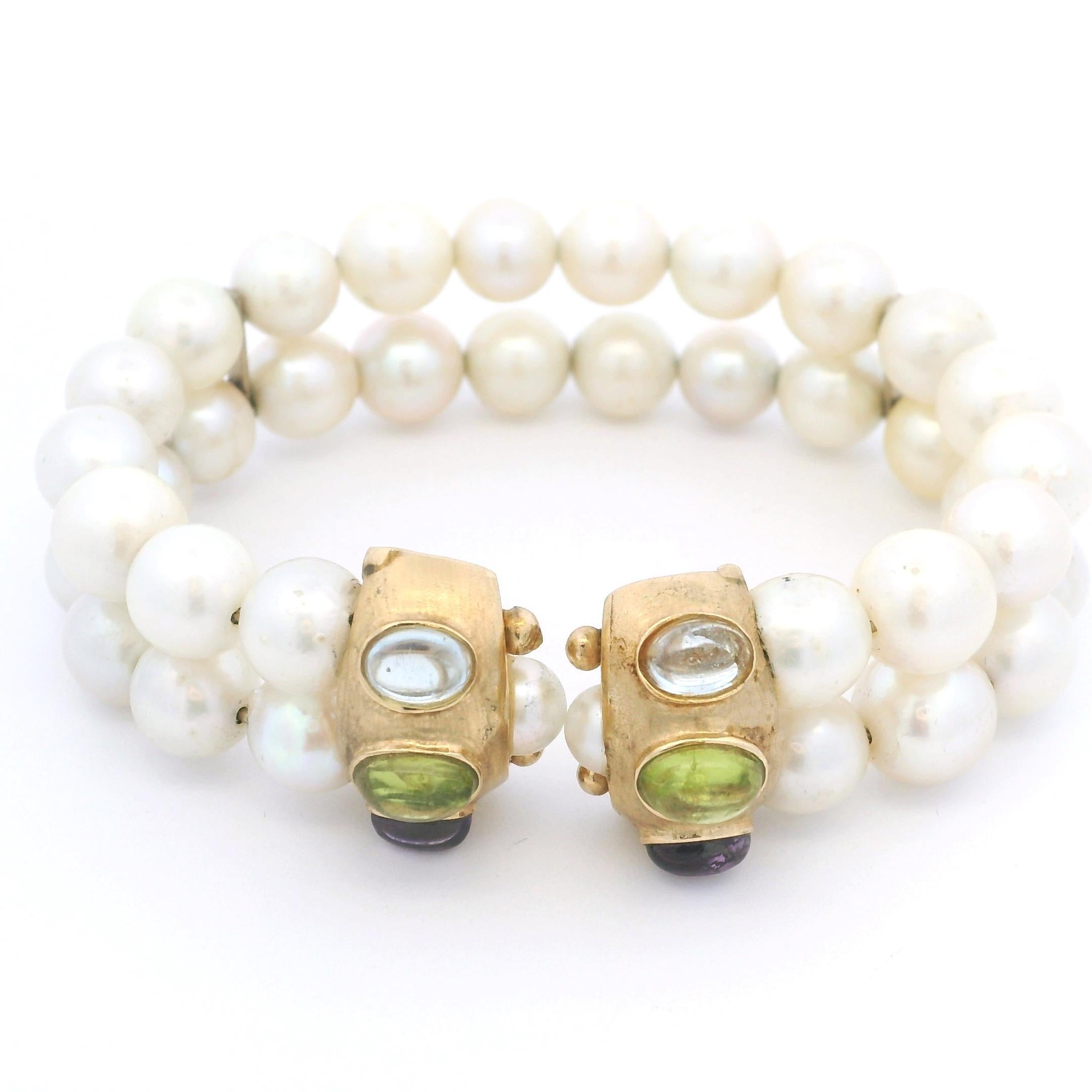 Paar Vintage 14K Gelbgold Süßwasserperlen & Multi-Edelsteine Cabochon-Armband (Retro) im Angebot