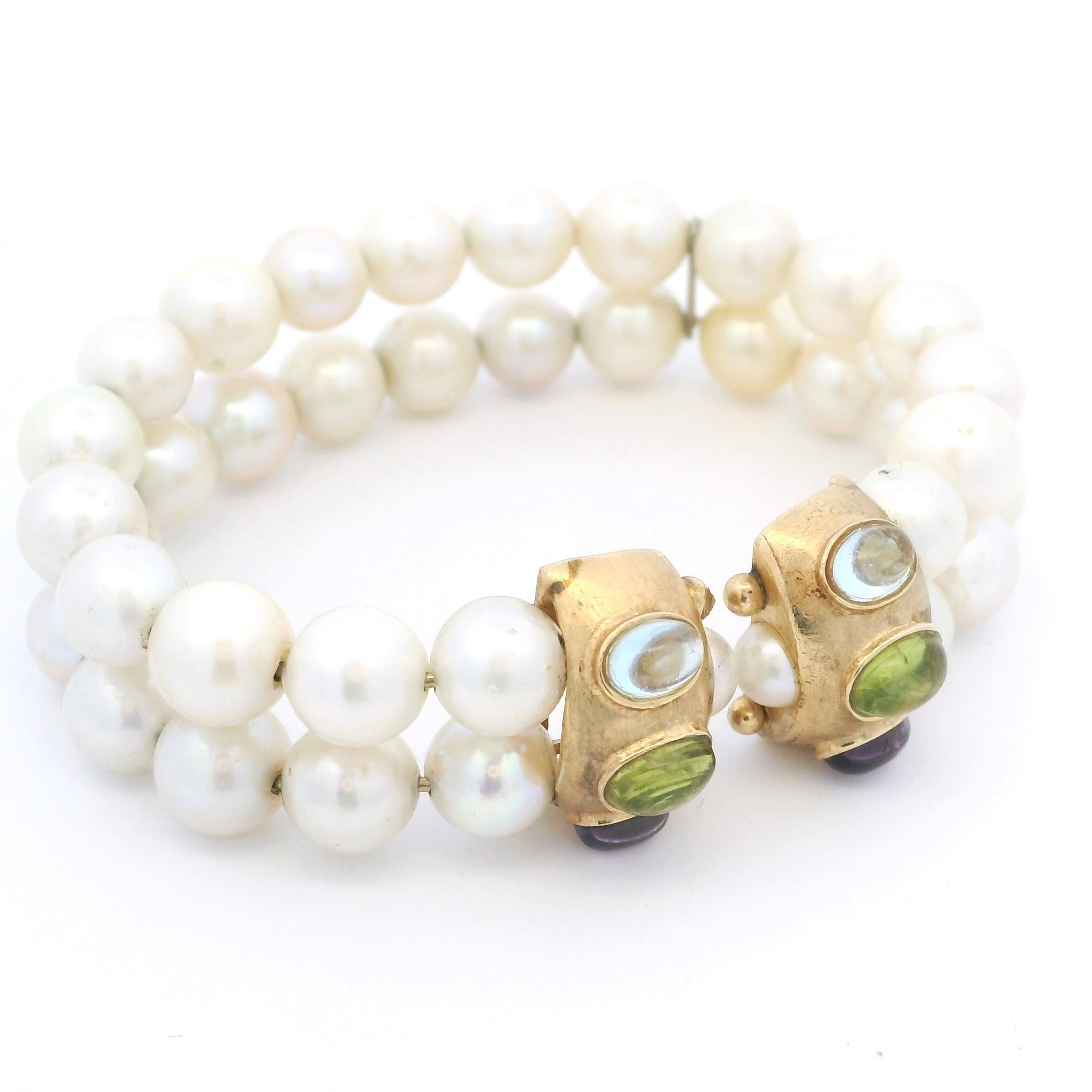 Paar Vintage 14K Gelbgold Süßwasserperlen & Multi-Edelsteine Cabochon-Armband im Zustand „Hervorragend“ im Angebot in Miami, FL