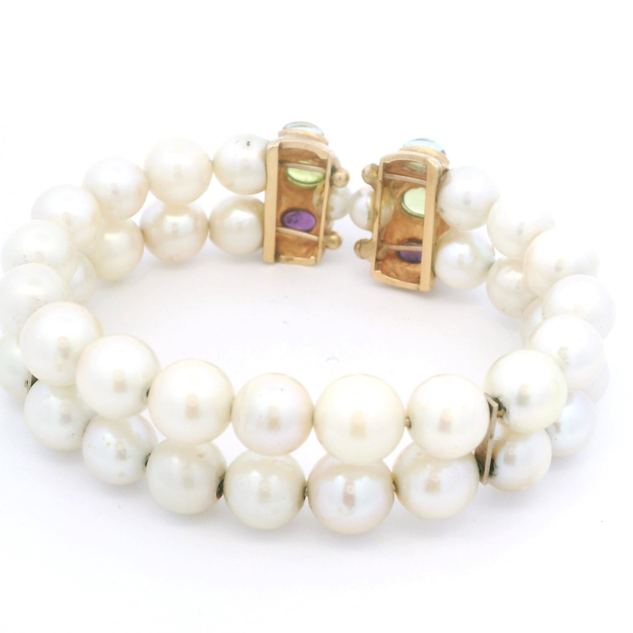 Paar Vintage 14K Gelbgold Süßwasserperlen & Multi-Edelsteine Cabochon-Armband im Angebot 1