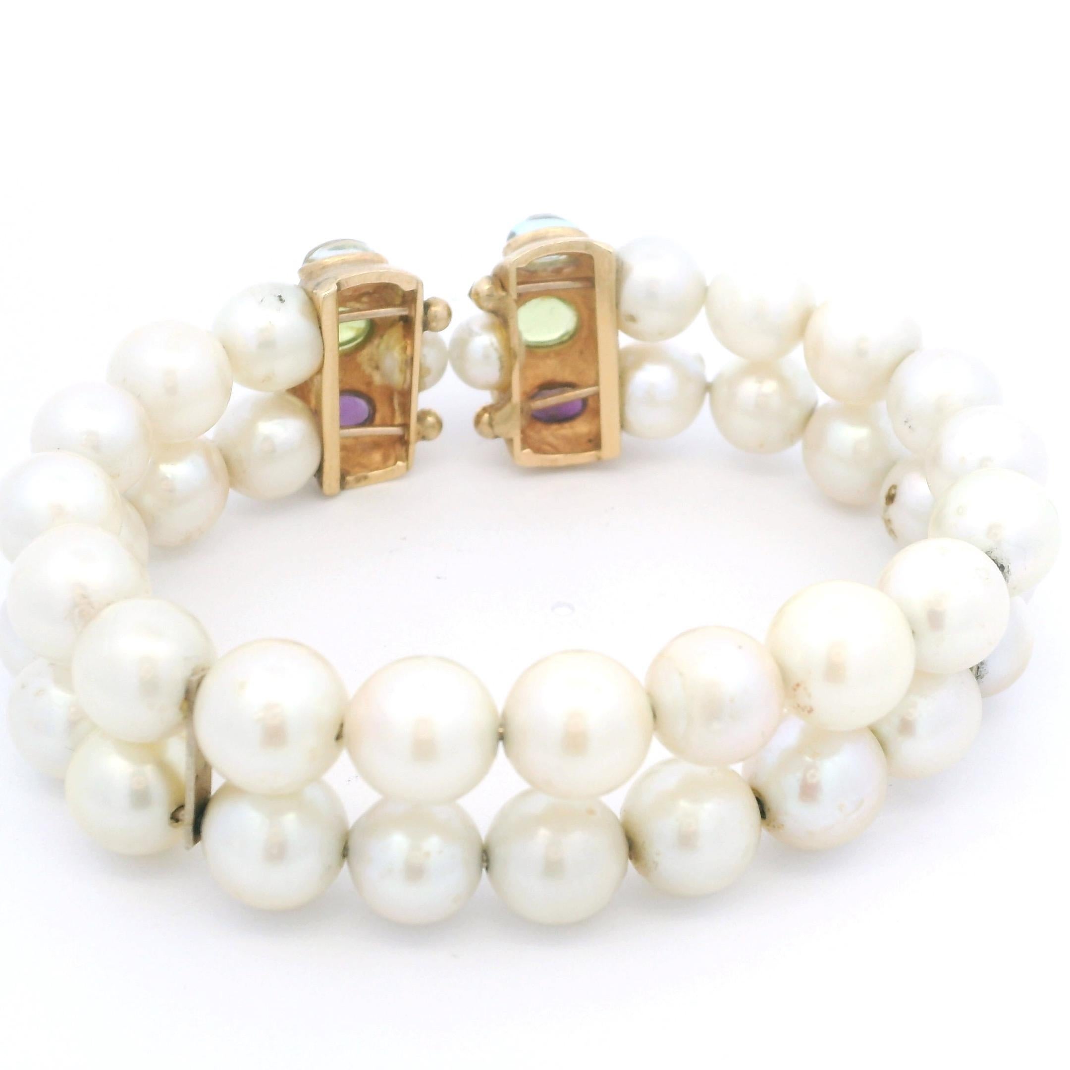 Paar Vintage 14K Gelbgold Süßwasserperlen & Multi-Edelsteine Cabochon-Armband im Angebot 2