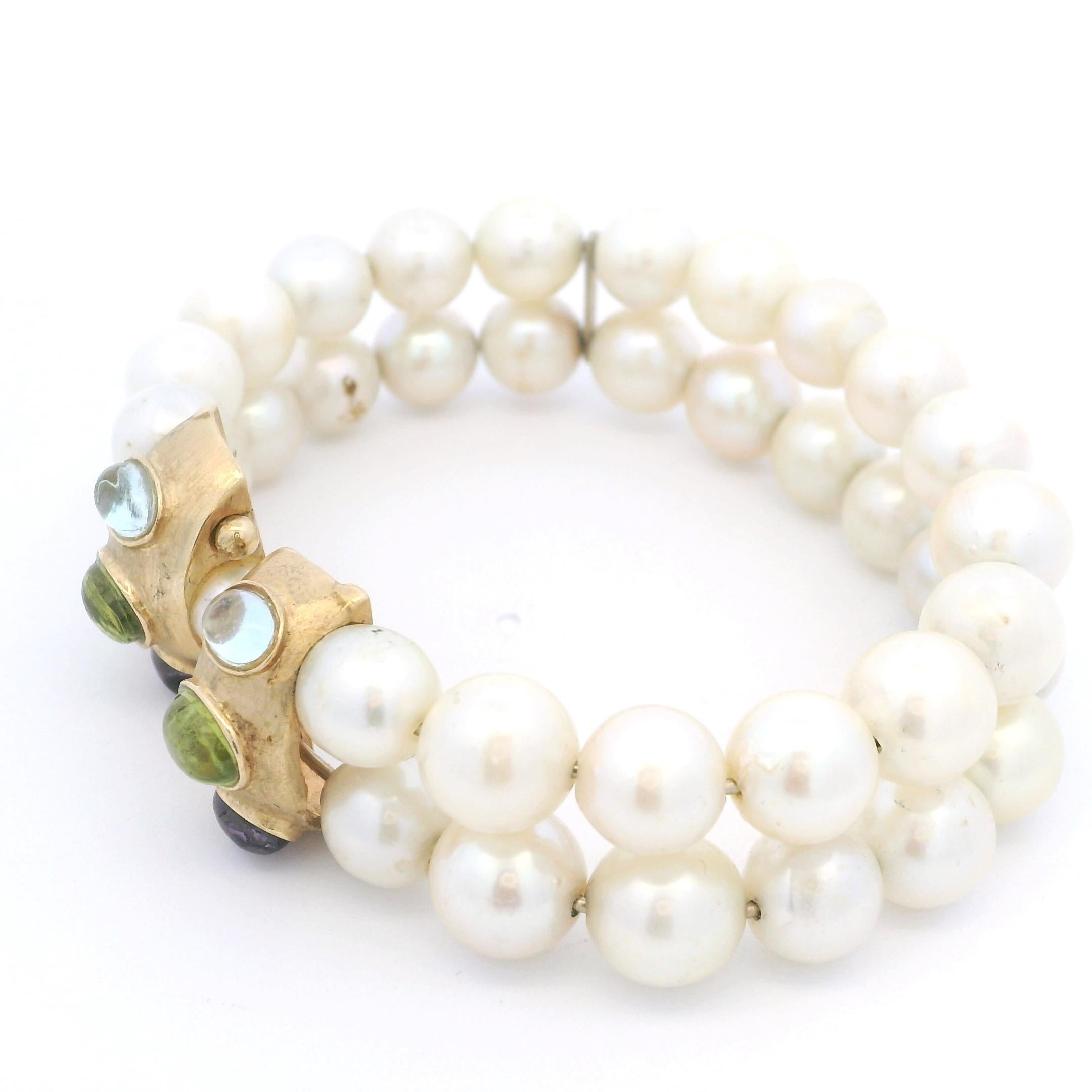 Paar Vintage 14K Gelbgold Süßwasserperlen & Multi-Edelsteine Cabochon-Armband im Angebot 3
