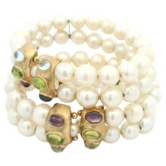 Pair of Vintage 14K Yellow Gold Freshwater Pearl & Multi-Gemstone Cabochon Brace
