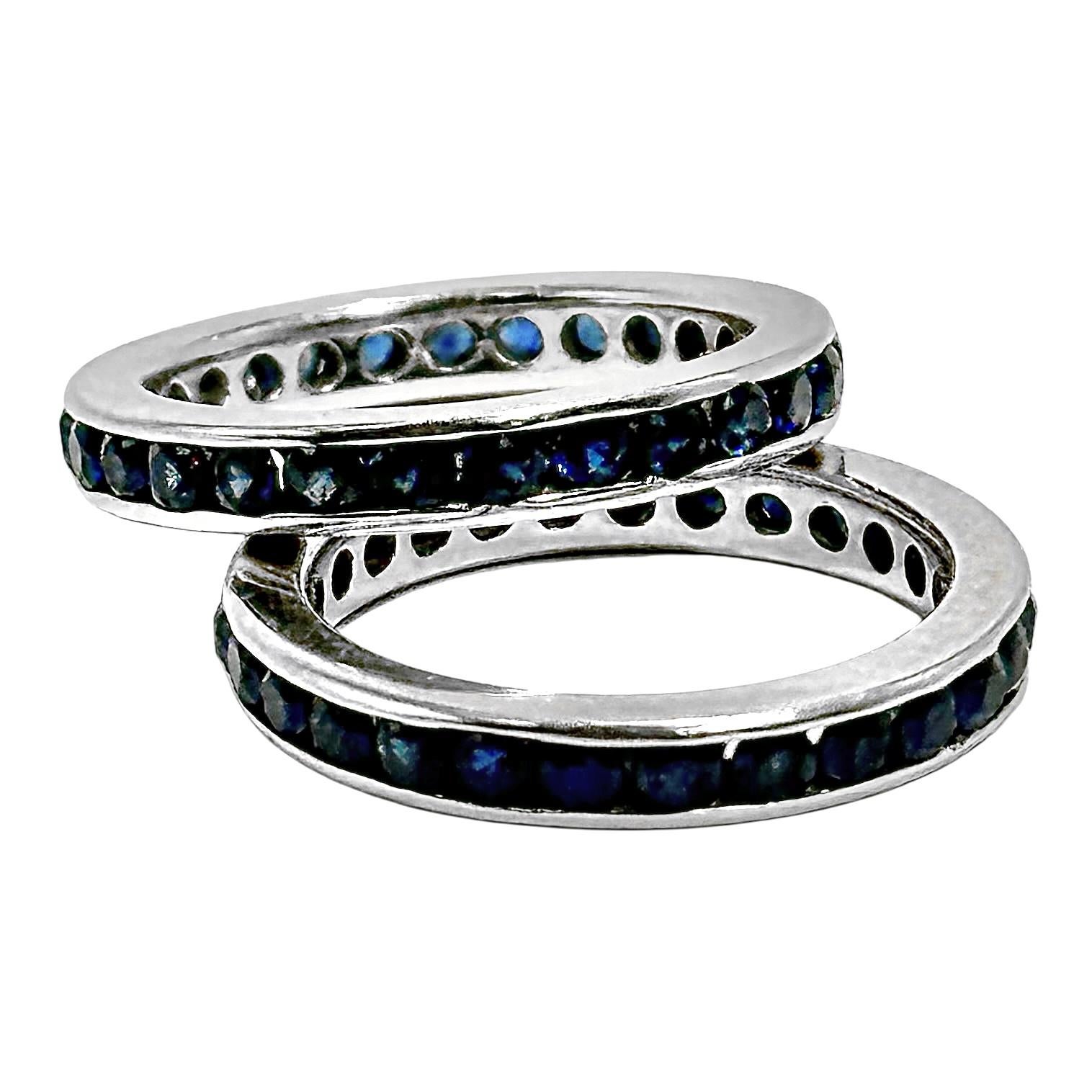 Modern Pair of Vintage 18K White Gold Sapphire Eternity bands For Sale