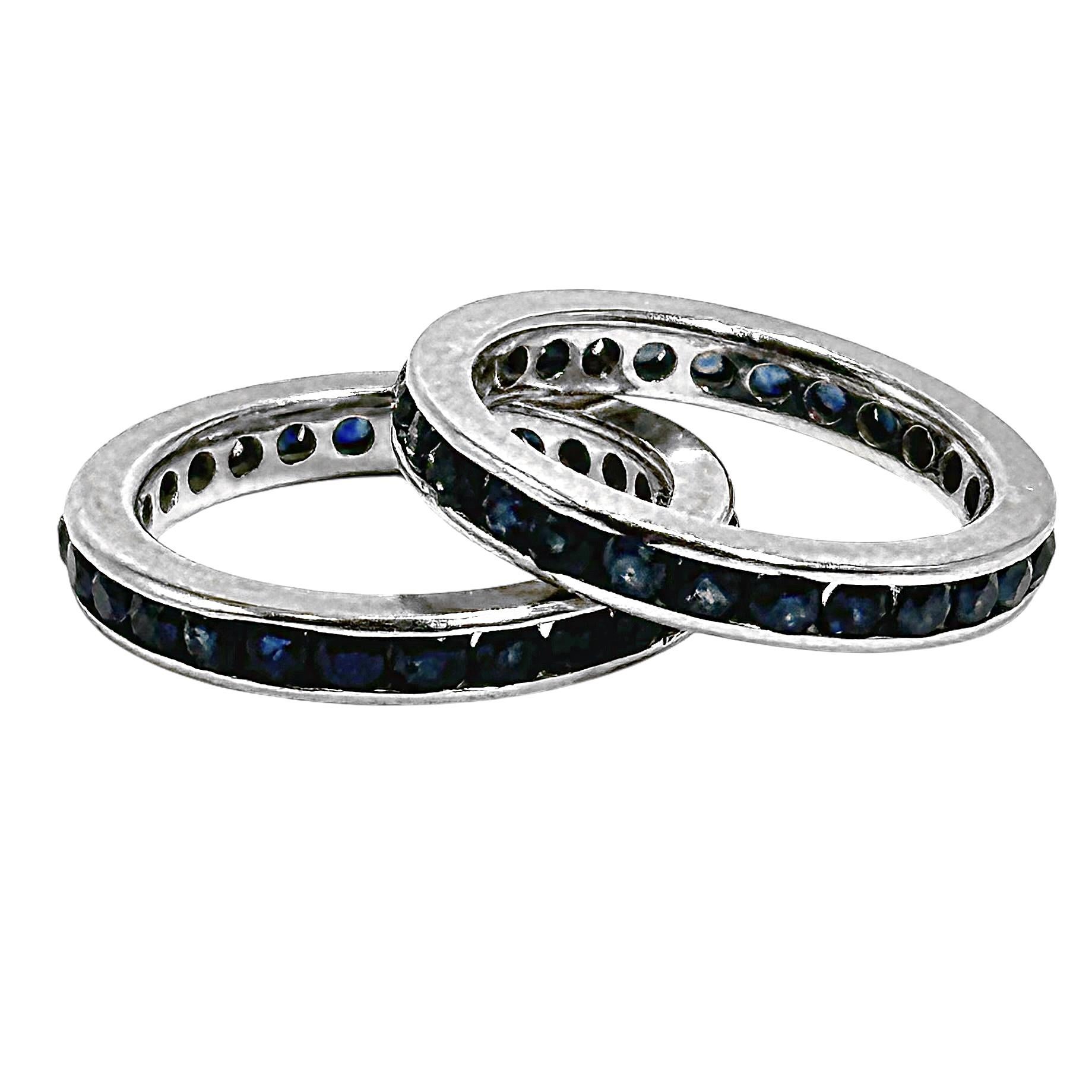 Round Cut Pair of Vintage 18K White Gold Sapphire Eternity bands For Sale