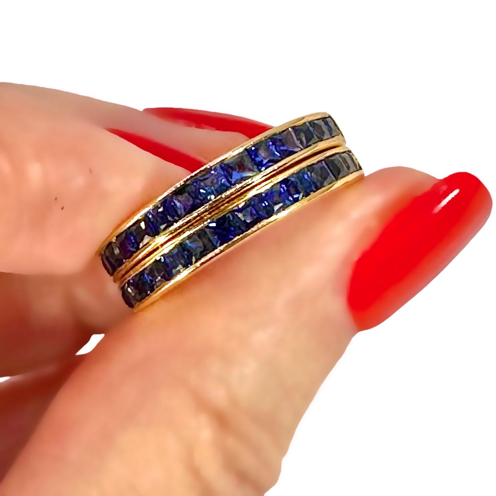 Pair of Vintage 18k Yellow Gold Bands With Square Cut Sapphires Across The Top For Sale 7