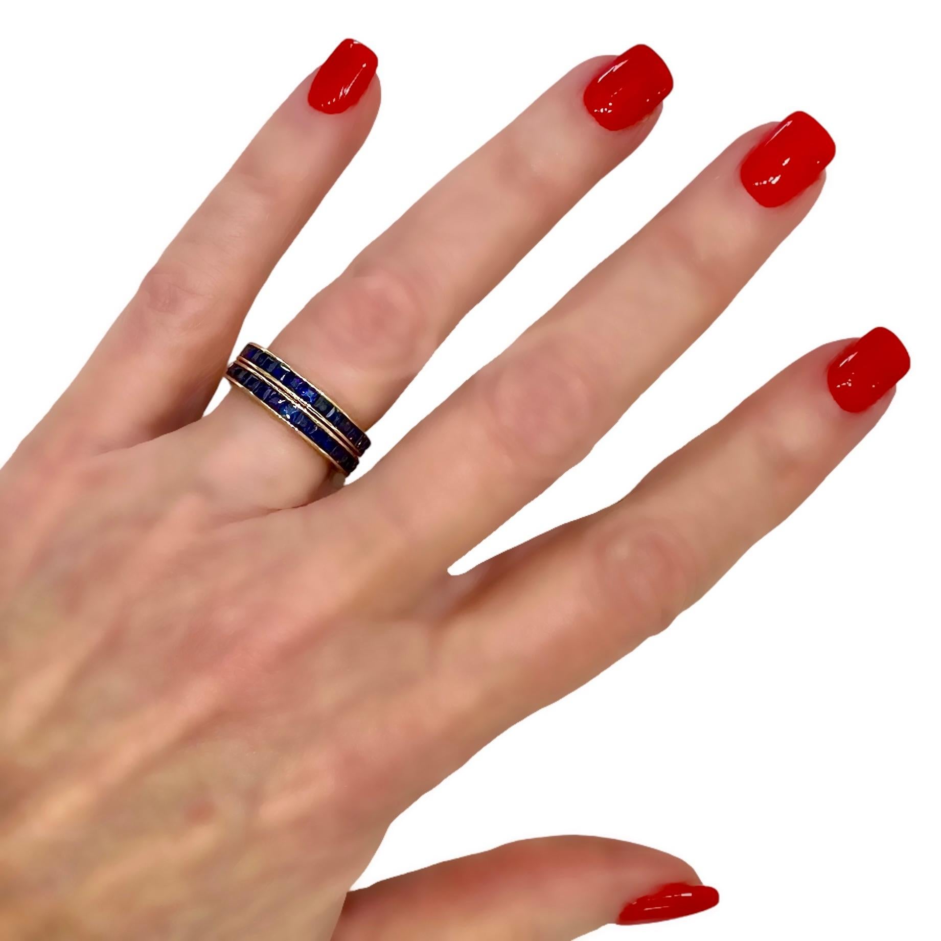 Pair of Vintage 18k Yellow Gold Bands With Square Cut Sapphires Across The Top For Sale 8