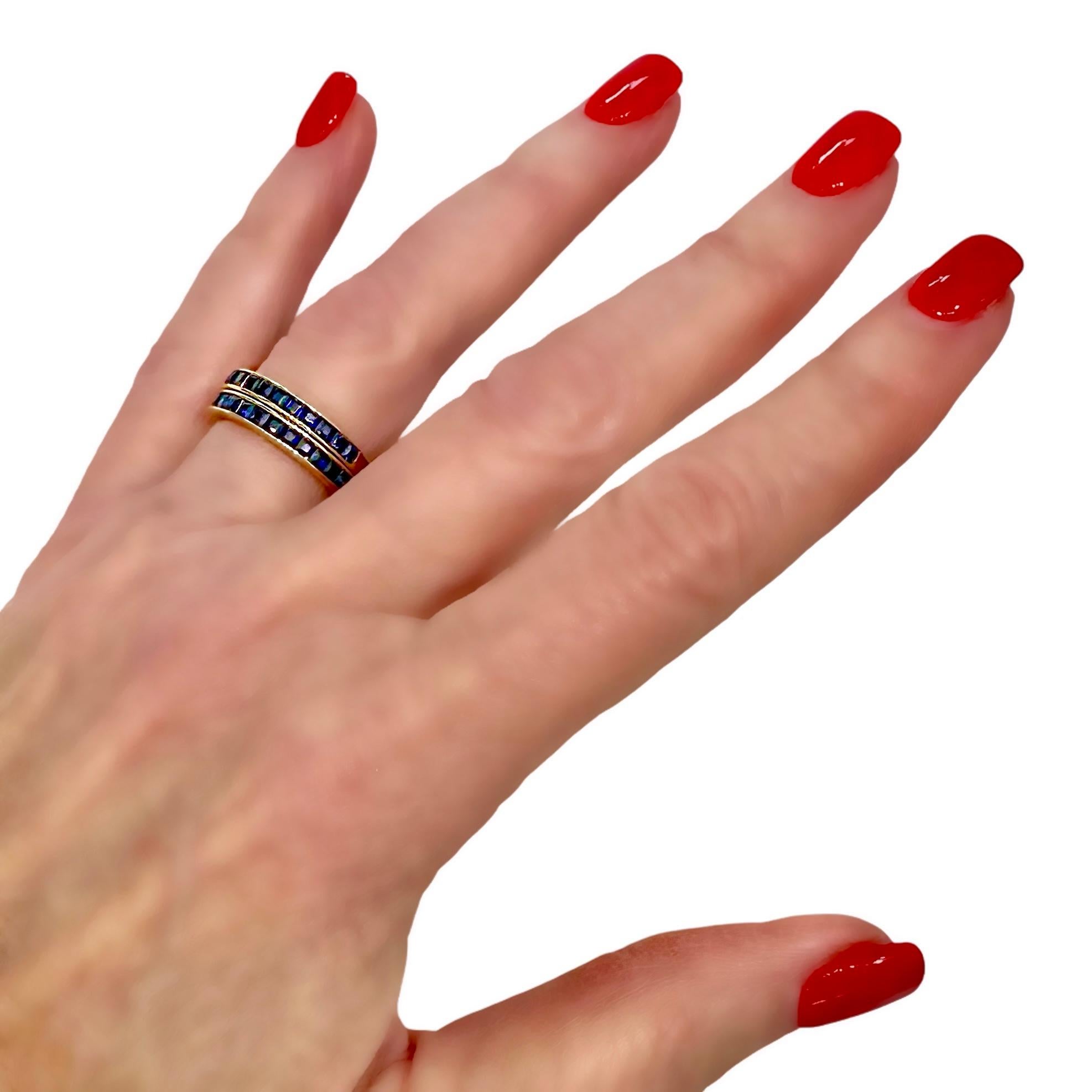 Pair of Vintage 18k Yellow Gold Bands With Square Cut Sapphires Across The Top For Sale 9