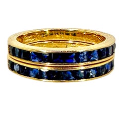 Pair of Vintage 18k Yellow Gold Bands With Square Cut Sapphires Across The Top