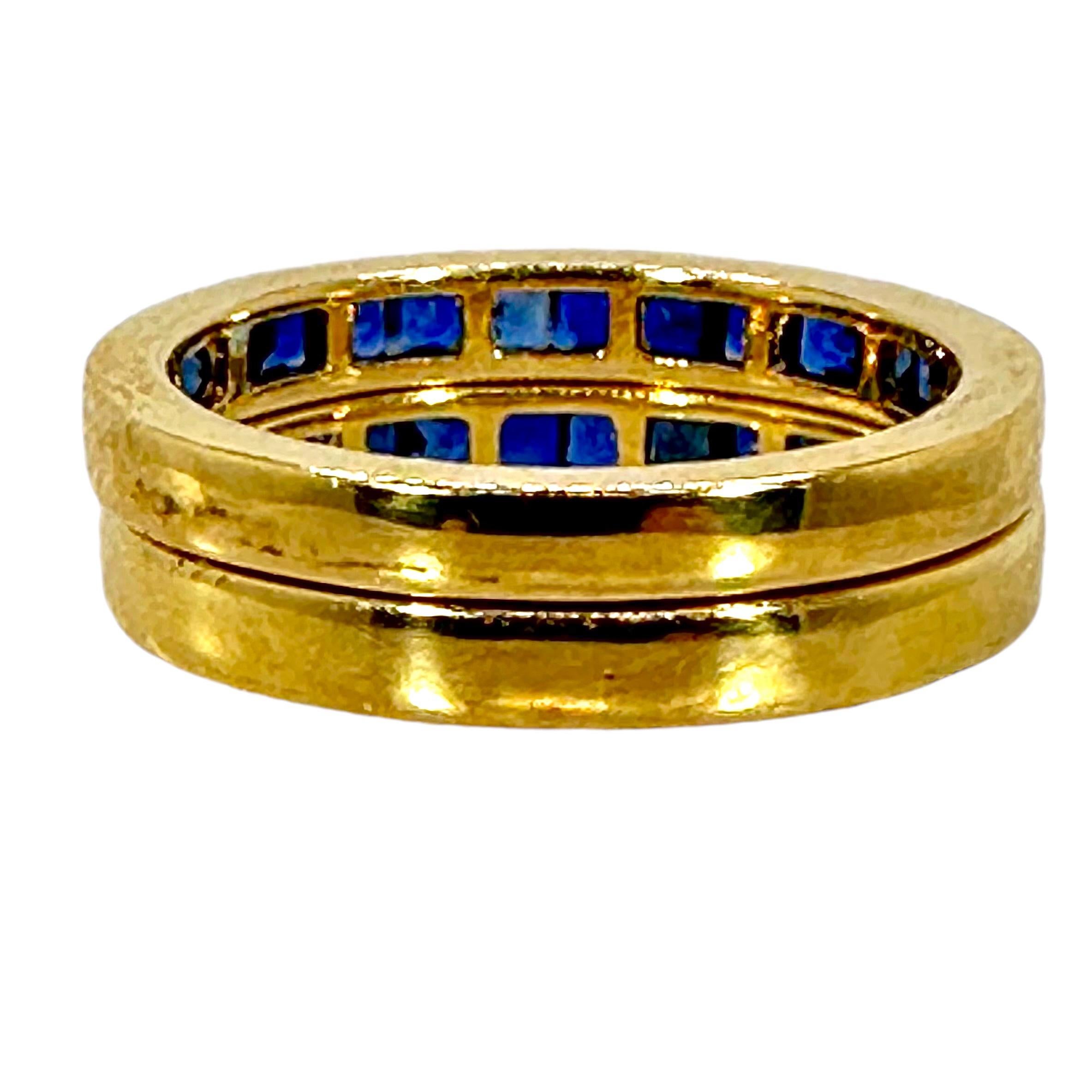 Women's Pair of Vintage 18k Yellow Gold Bands With Square Cut Sapphires Across The Top For Sale