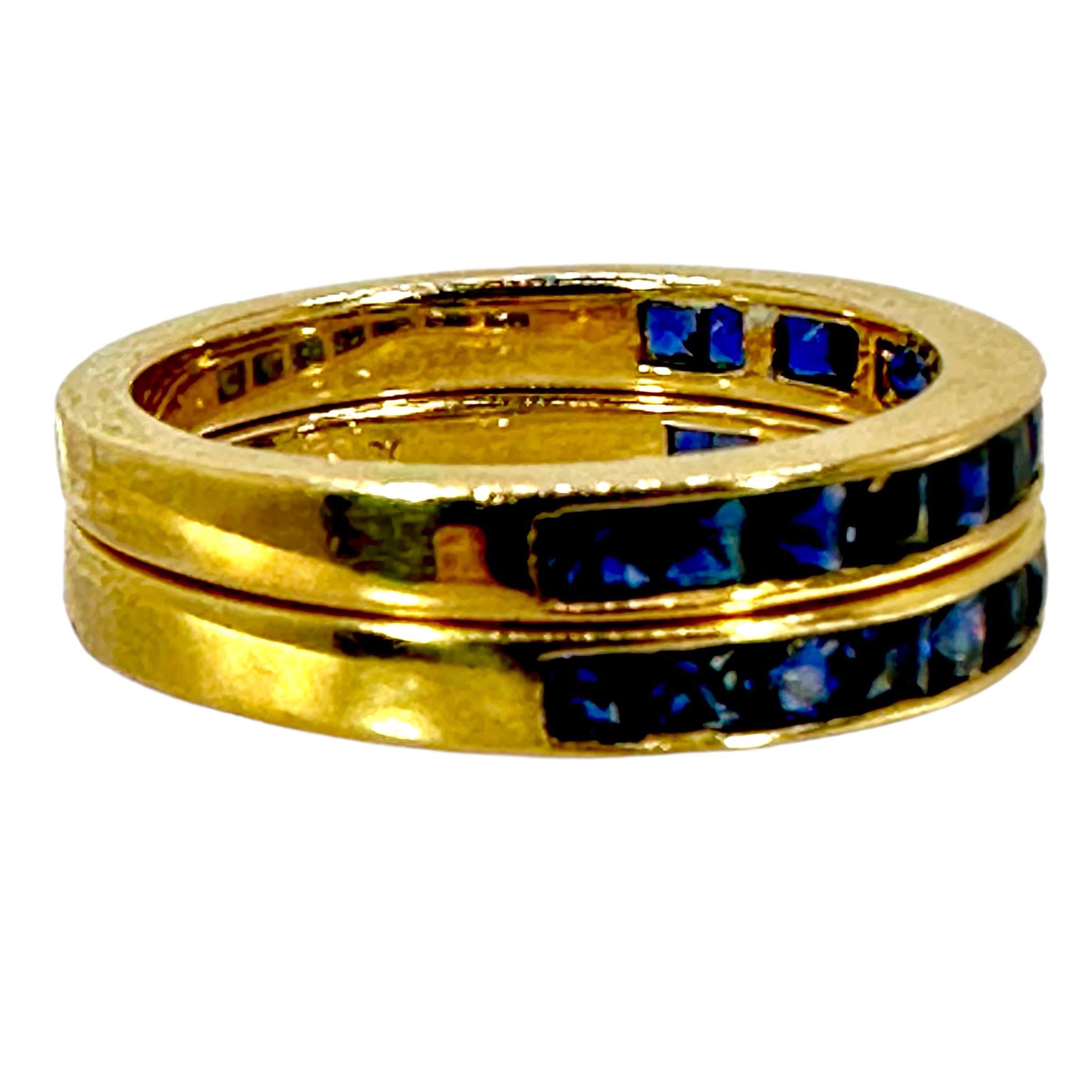 Pair of Vintage 18k Yellow Gold Bands With Square Cut Sapphires Across The Top For Sale 1