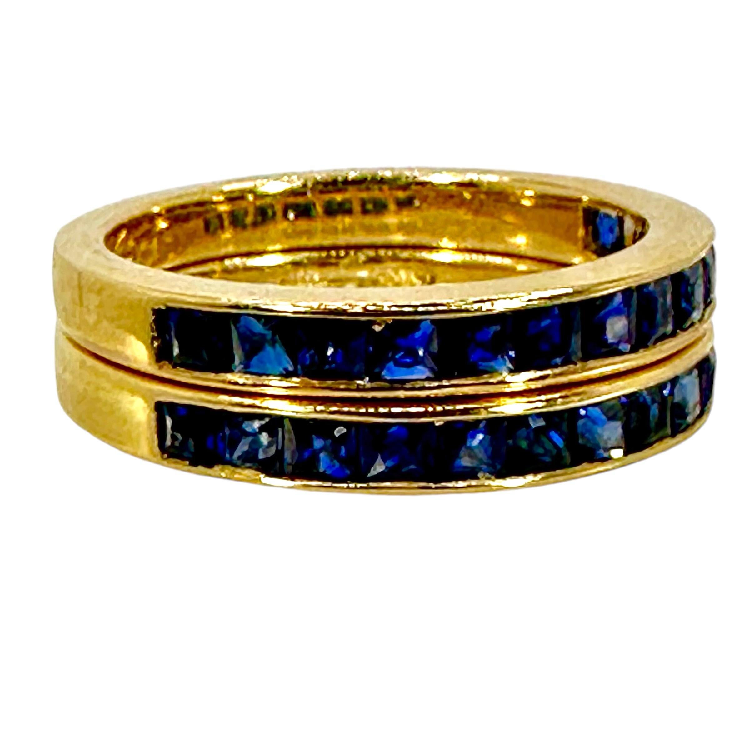 Pair of Vintage 18k Yellow Gold Bands With Square Cut Sapphires Across The Top For Sale 2