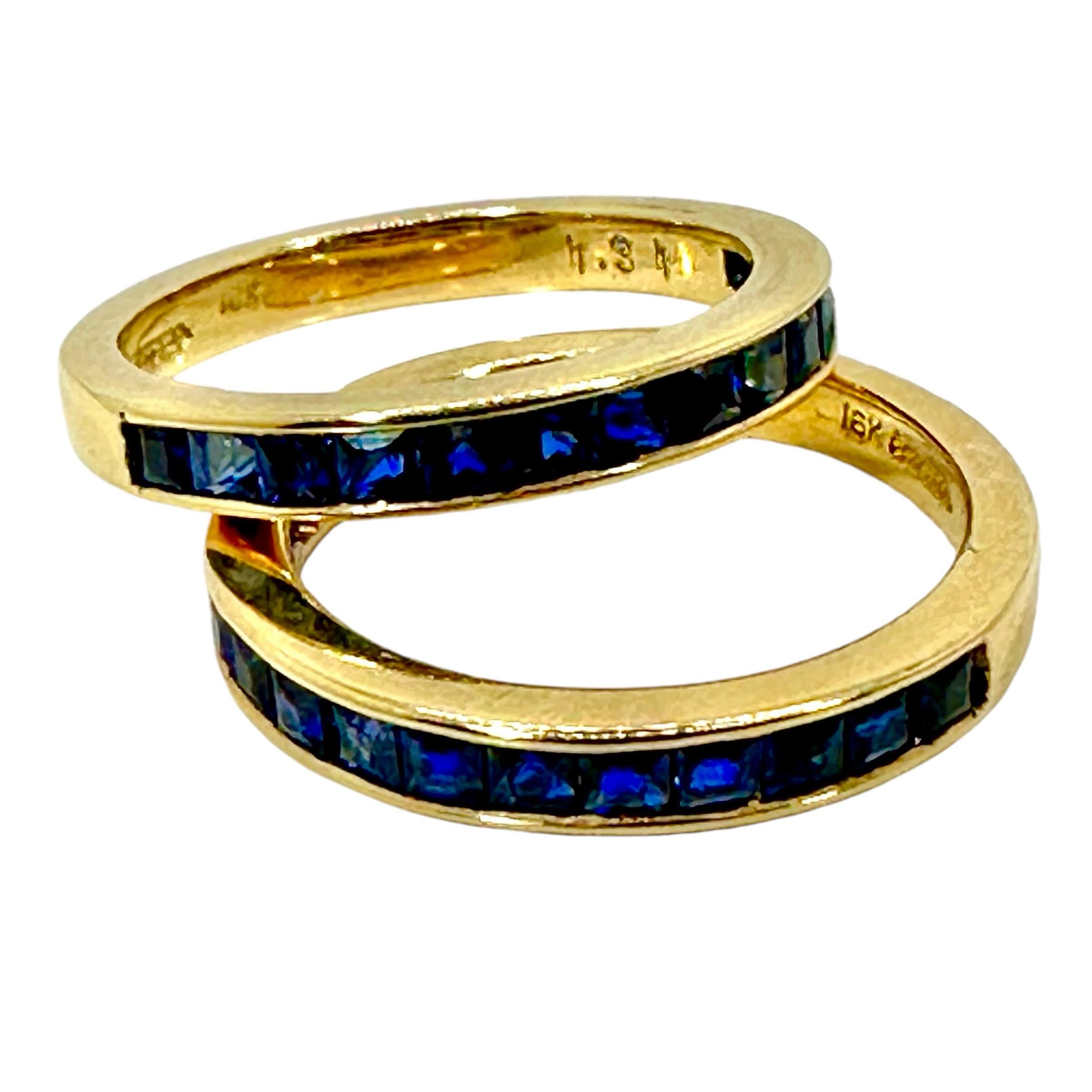 Pair of Vintage 18k Yellow Gold Bands With Square Cut Sapphires Across The Top For Sale 3
