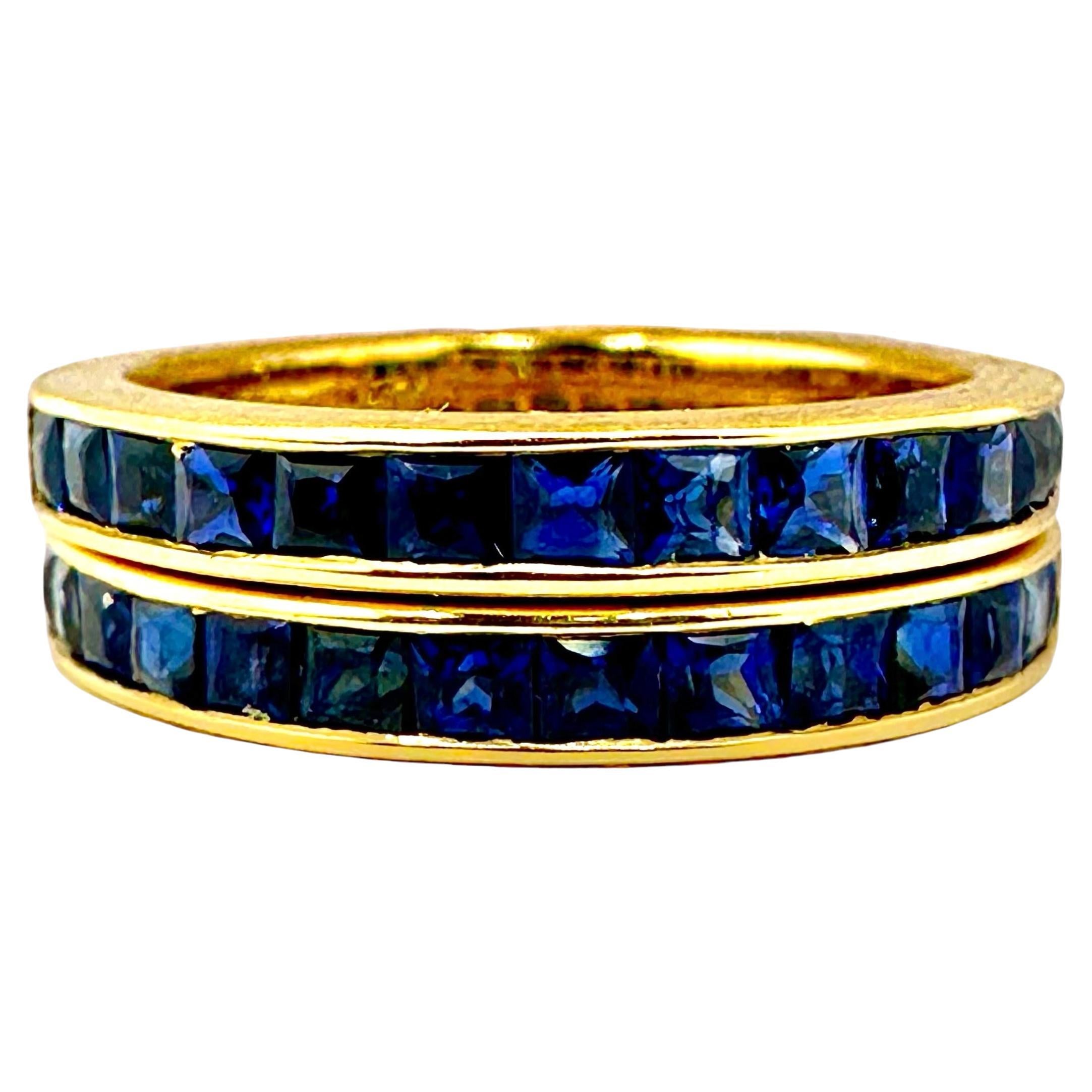 Pair of Vintage 18k Yellow Gold Bands With Square Cut Sapphires Across The Top For Sale