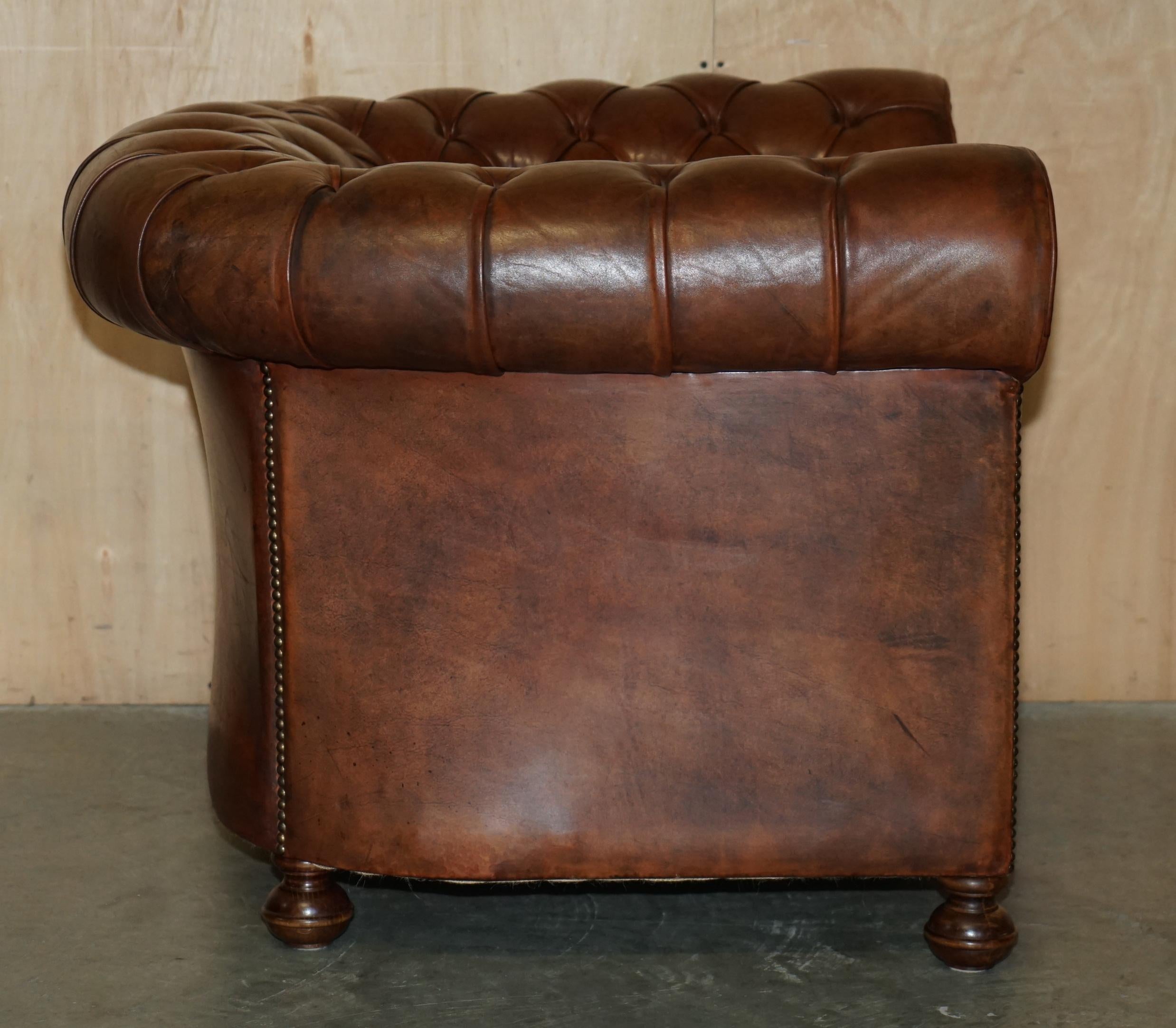 PAIR OF VINTAGE 1920 FULLY COIL SPRUNG BROWN LEATHER CHESTERFIELD CLUB ARMCHAIRs For Sale 4