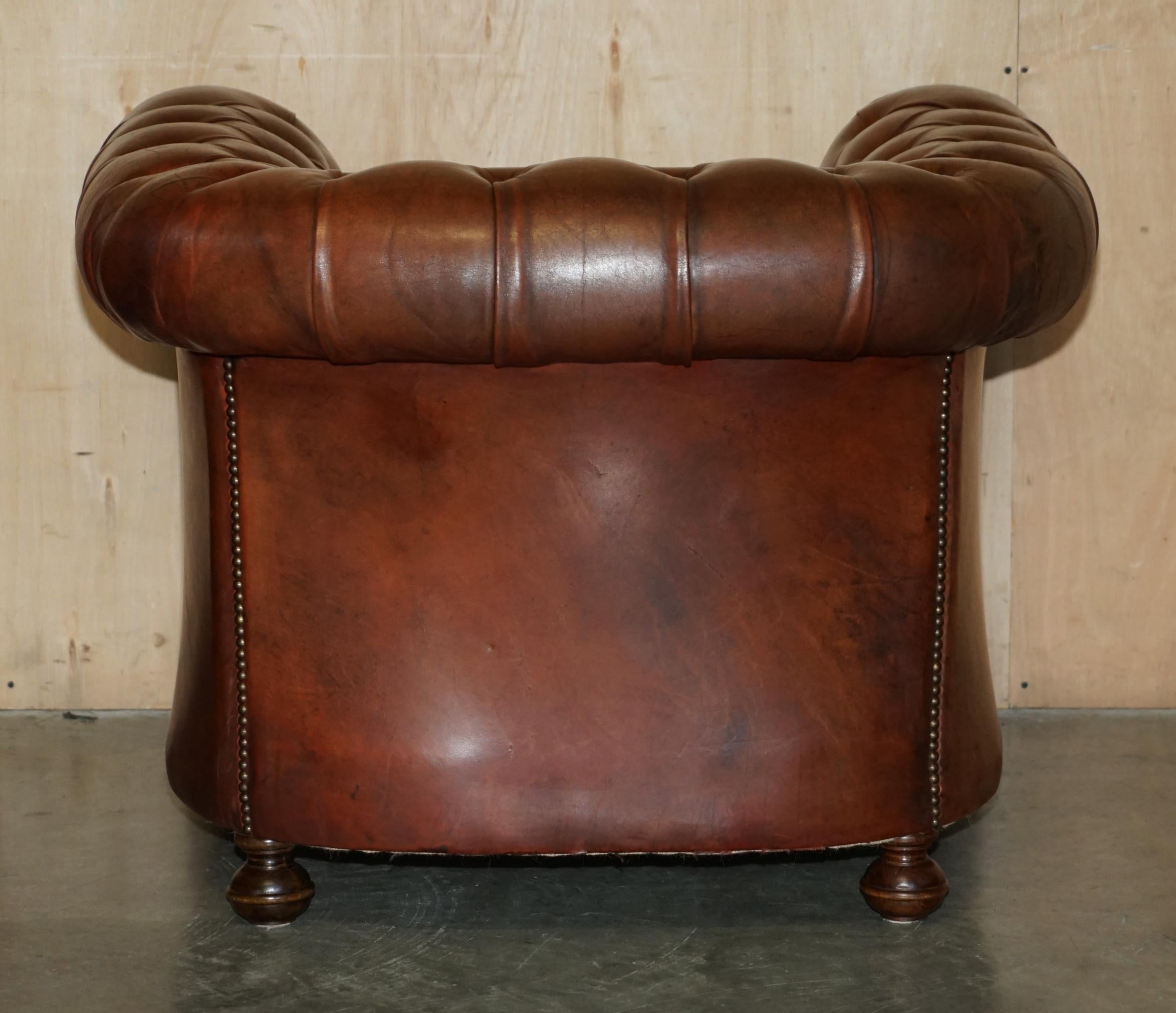 PAIR OF VINTAGE 1920 FULLY COIL SPRUNG BROWN LEATHER CHESTERFIELD CLUB ARMCHAIRs For Sale 5