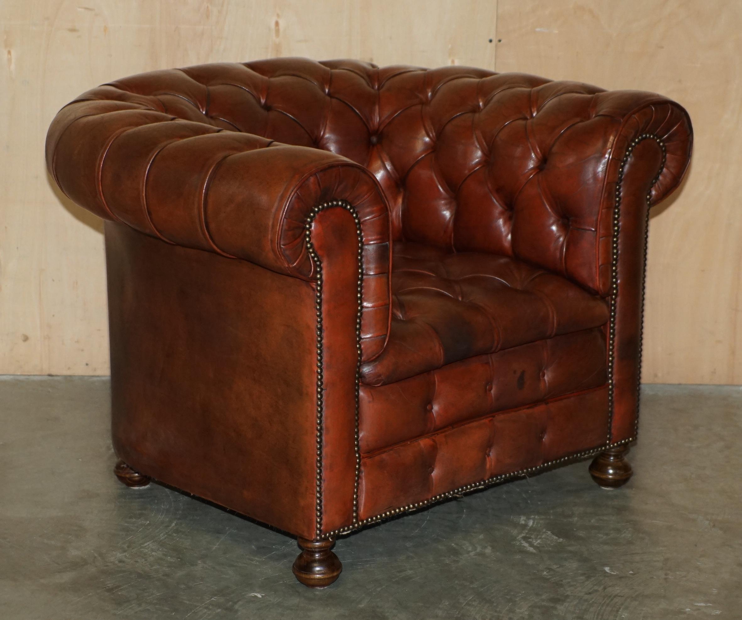 PAIR OF VINTAGE 1920 FULLY COIL SPRUNG BROWN LEATHER CHESTERFIELD CLUB ARMCHAIRs For Sale 6