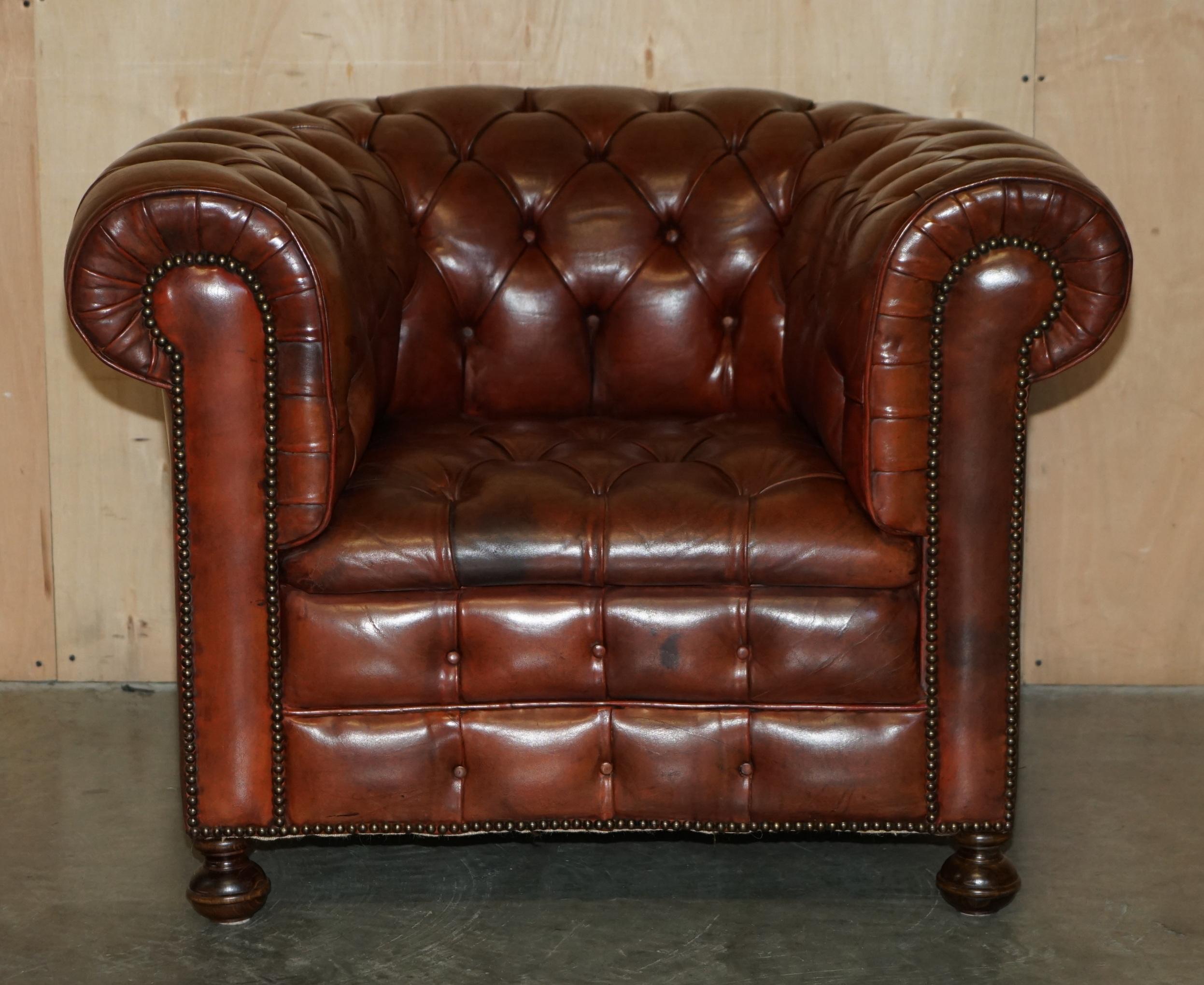 PAIR OF VINTAGE 1920 FULLY COIL SPRUNG BROWN LEATHER CHESTERFIELD CLUB ARMCHAIRs For Sale 7