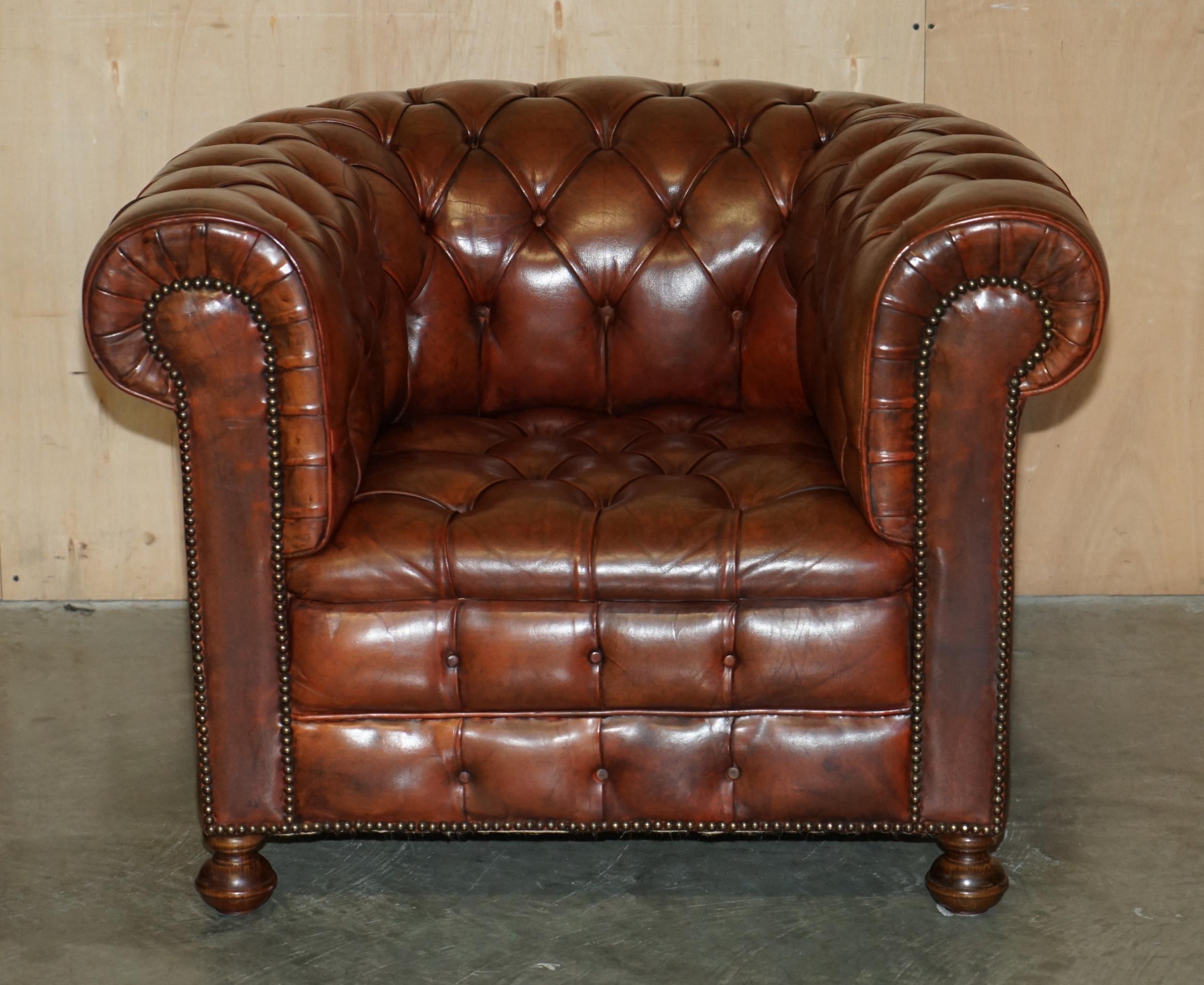 Art Deco PAIR OF VINTAGE 1920 FULLY COIL SPRUNG BROWN LEATHER CHESTERFIELD CLUB ARMCHAIRs For Sale