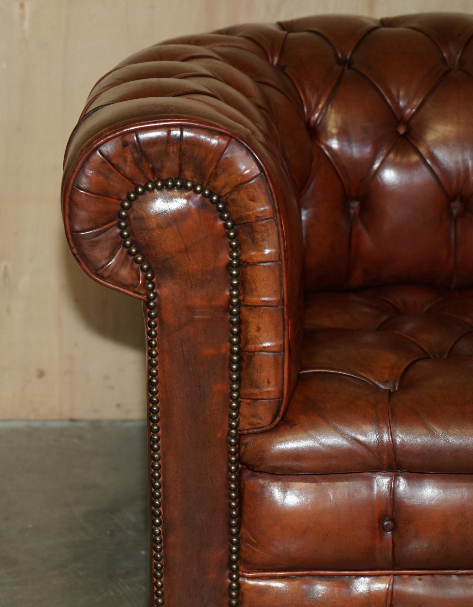 Leather PAIR OF VINTAGE 1920 FULLY COIL SPRUNG BROWN LEATHER CHESTERFIELD CLUB ARMCHAIRs For Sale
