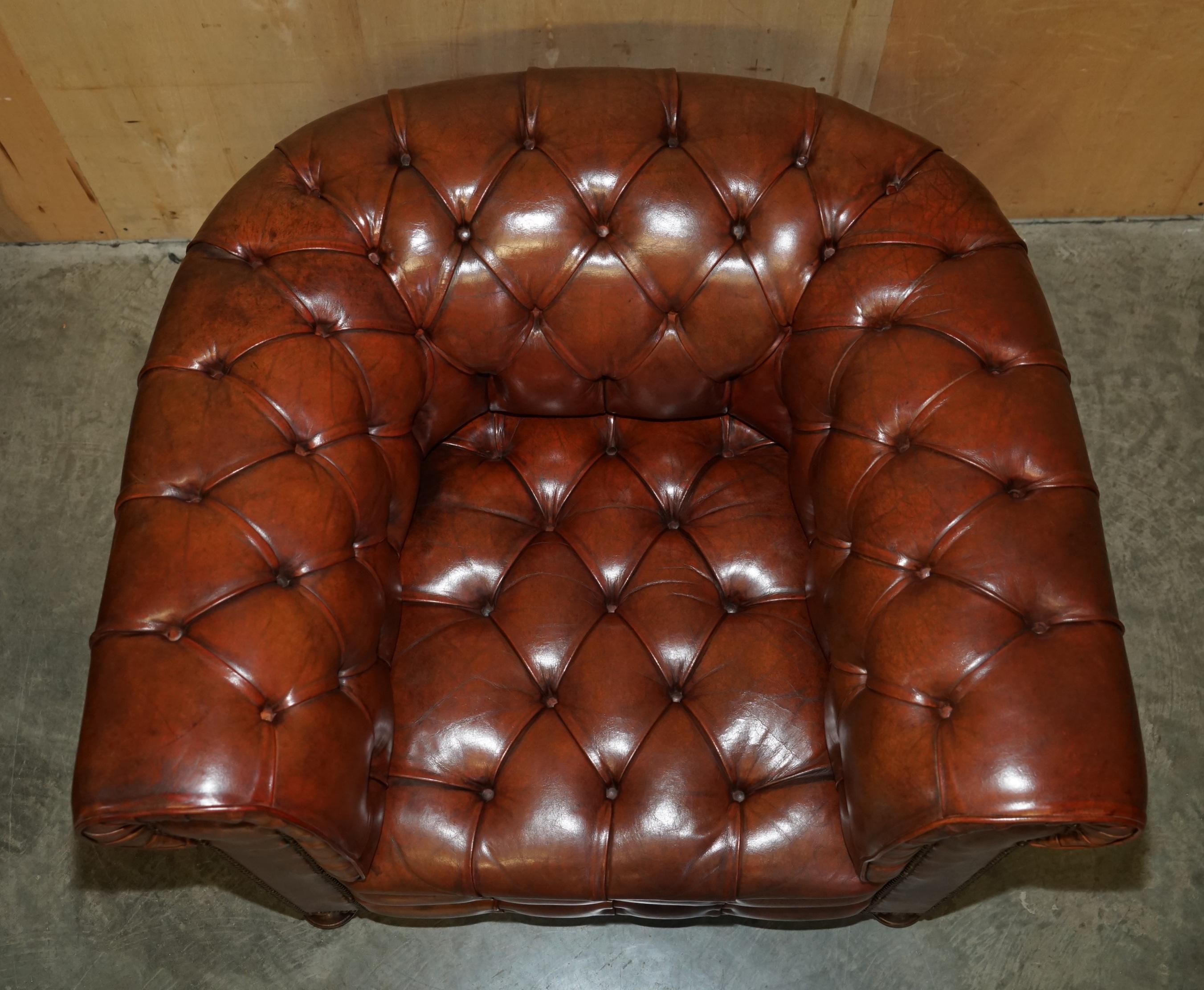 PAIR OF VINTAGE 1920 FULLY COIL SPRUNG BROWN LEATHER CHESTERFIELD CLUB ARMCHAIRs For Sale 1