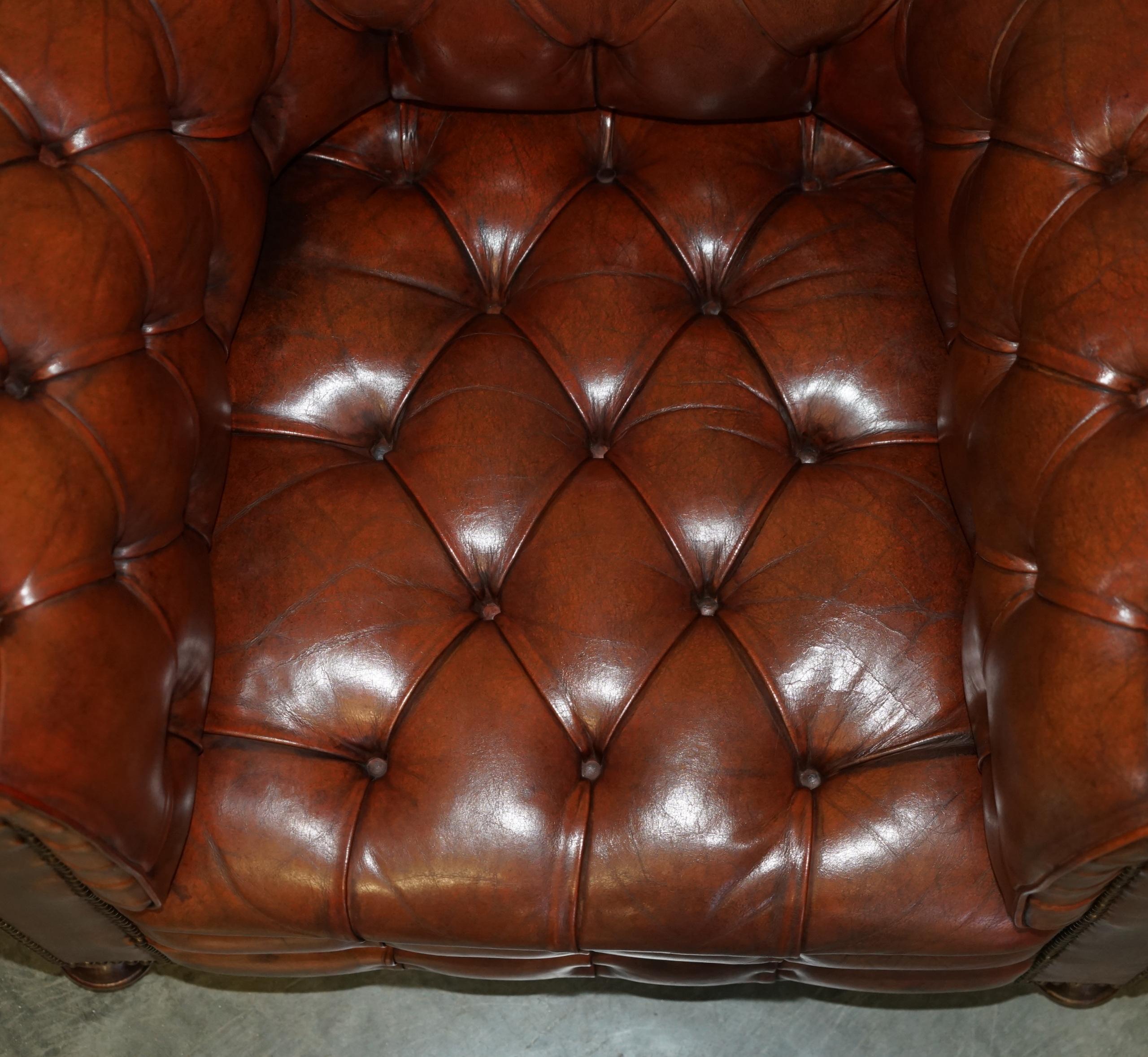 PAIR OF VINTAGE 1920 FULLY COIL SPRUNG BROWN LEATHER CHESTERFIELD CLUB ARMCHAIRs For Sale 2