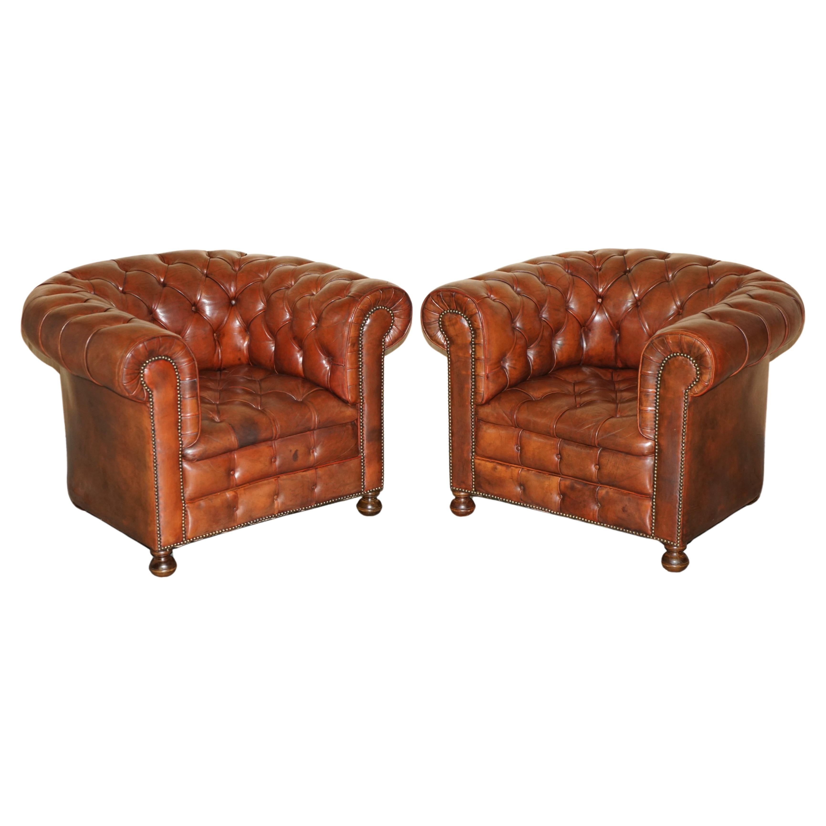 PAIR OF VINTAGE 1920 FULLY COIL SPRUNG BROWN LEATHER CHESTERFIELD CLUB ARMCHAIRs For Sale