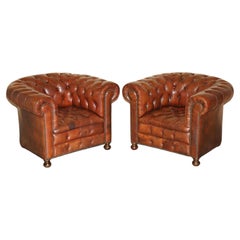 PAIR OF Antique 1920 FULLY COIL SPRUNG BROWN LEATHER CHESTERFIELD CLUB ARMCHAIRs