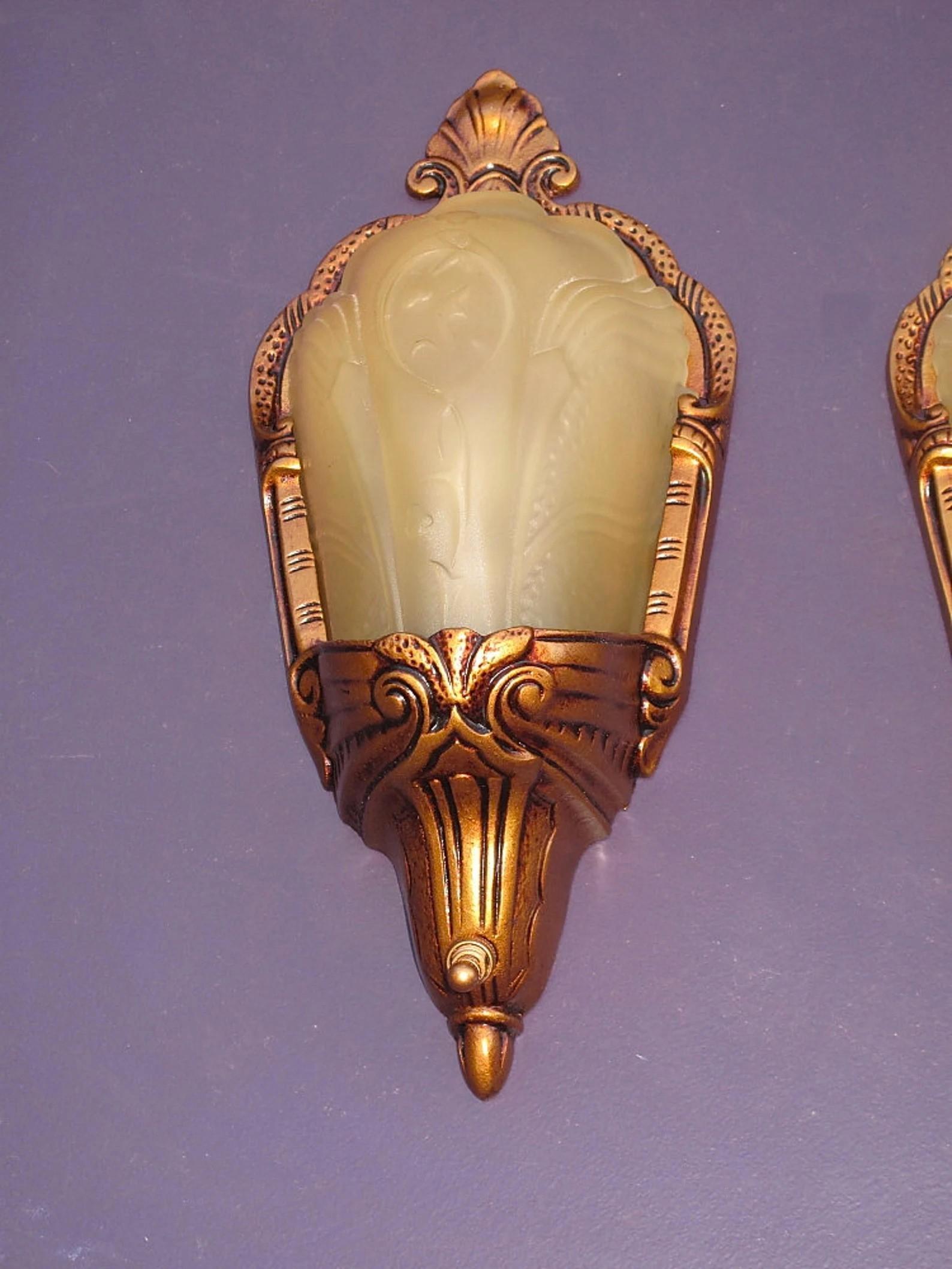 Art Deco Pair of Vintage 1930s Slip Shade Covered Bulb Wall Sconce Lights