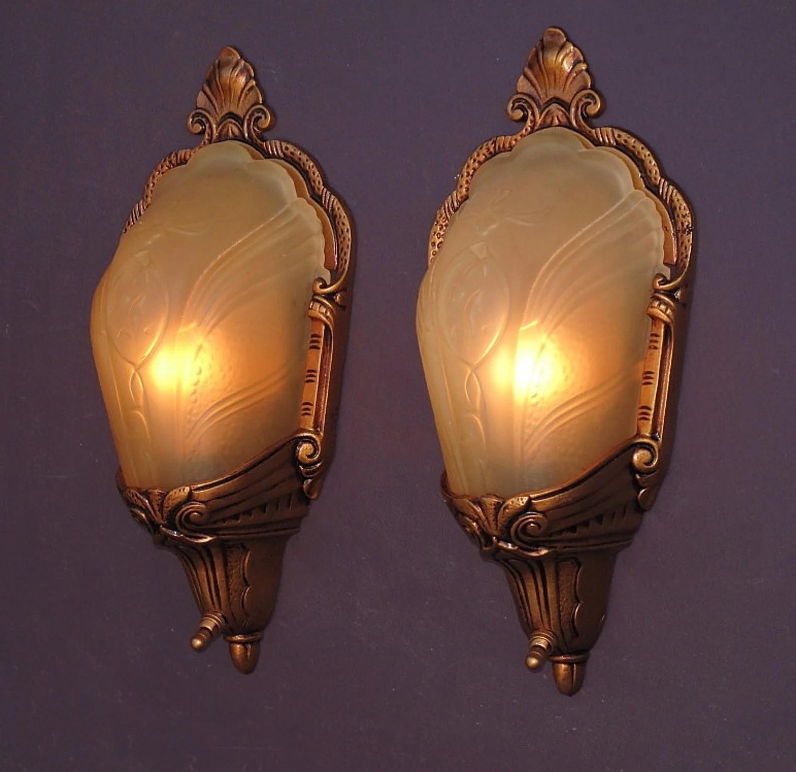 American Pair of Vintage 1930s Slip Shade Covered Bulb Wall Sconce Lights