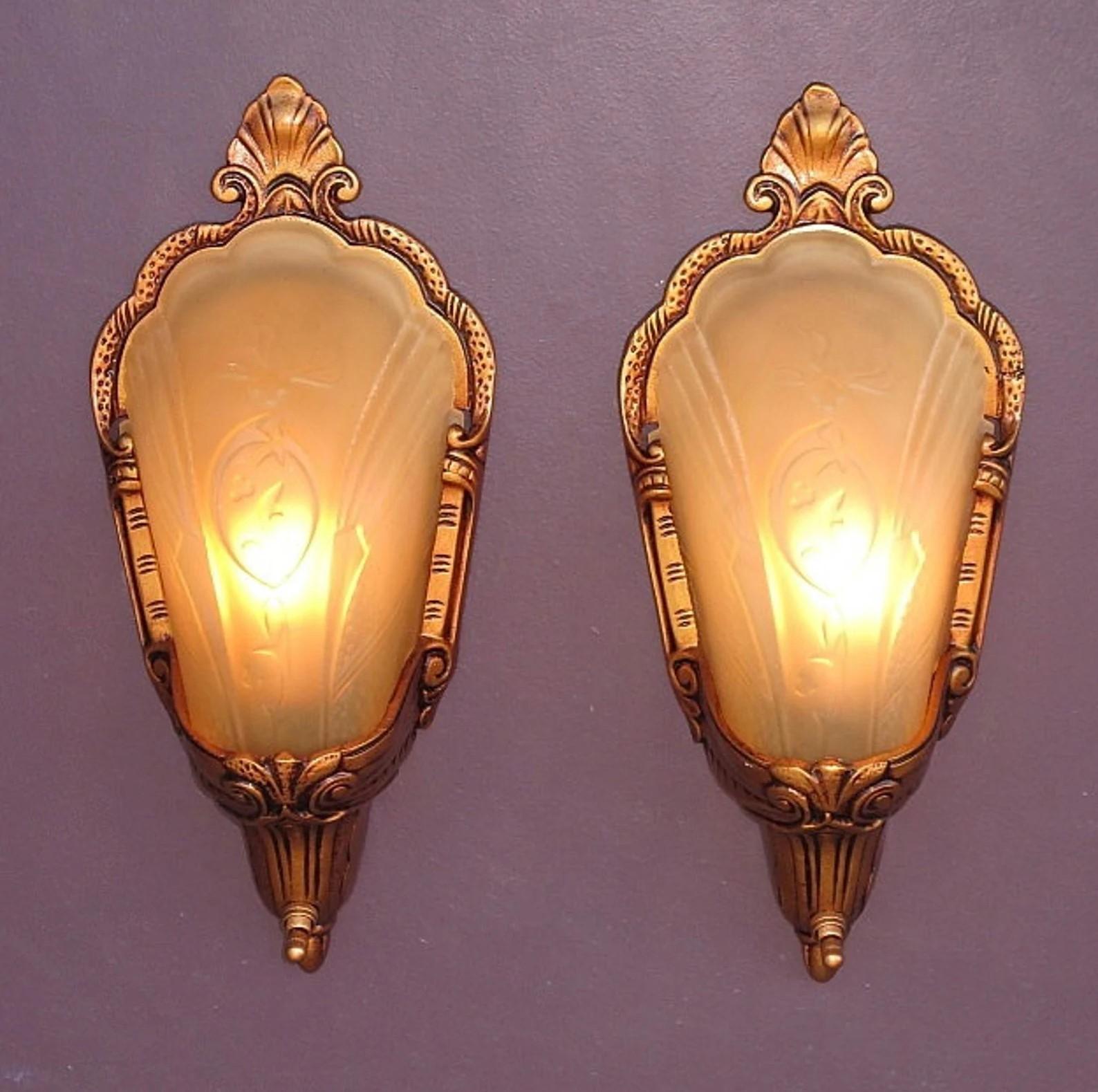 Cast Pair of Vintage 1930s Slip Shade Covered Bulb Wall Sconce Lights