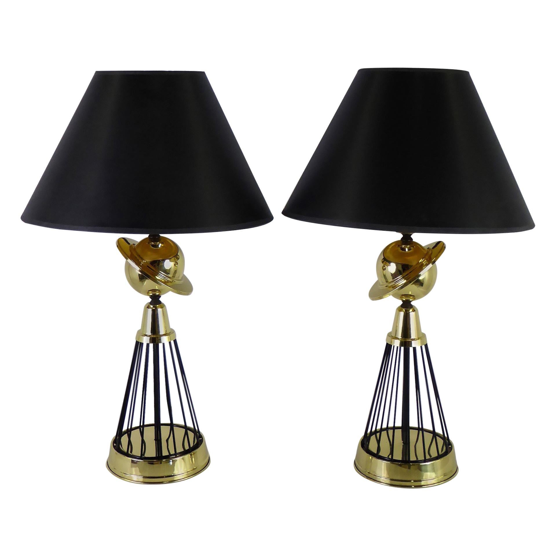 Pair of Vintage 1940s Brass and Wire Saturn Table Lamps