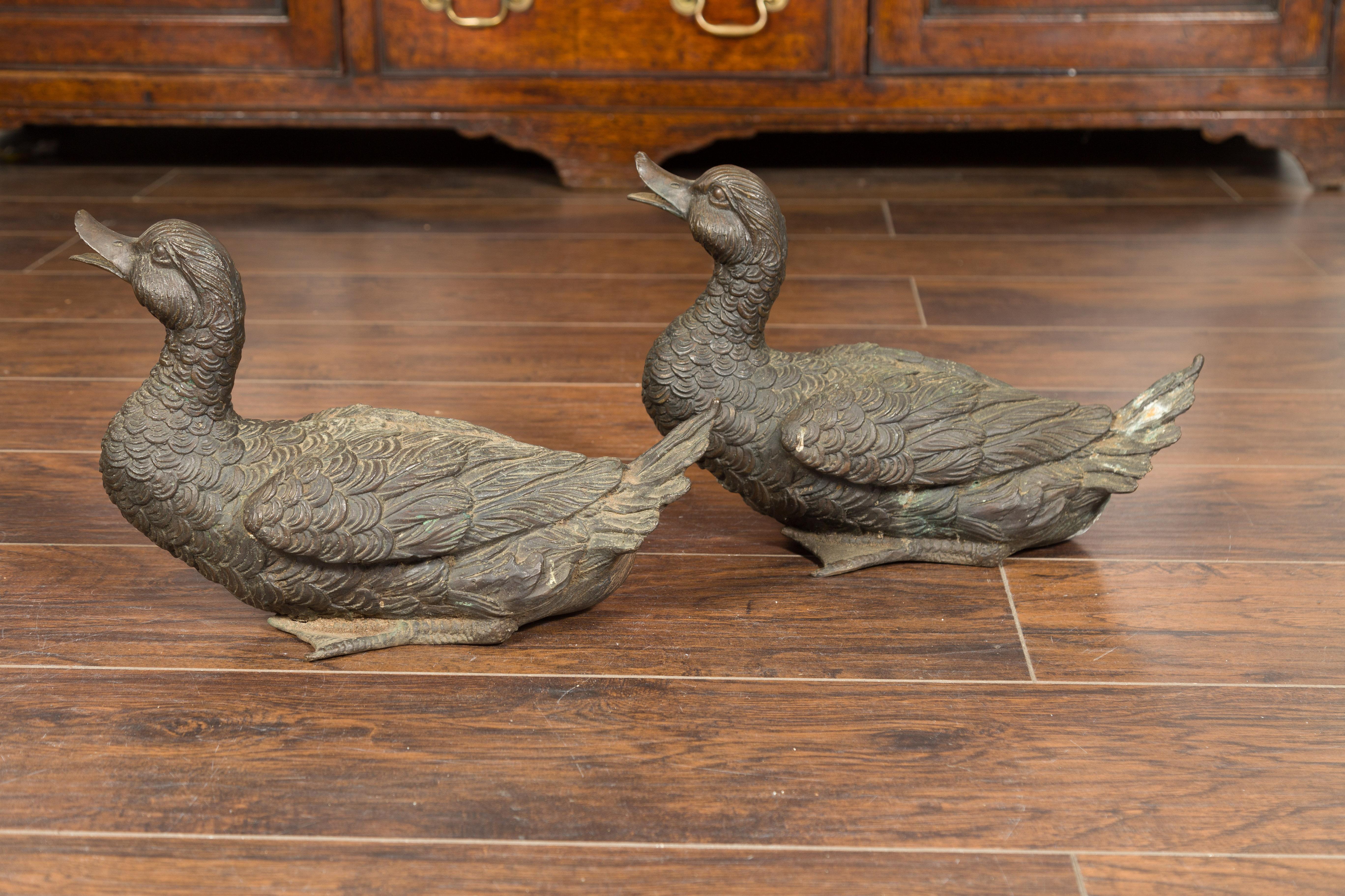 Pair of Vintage 1940s Bronze Swimming and Quacking Ducks For Sale 6