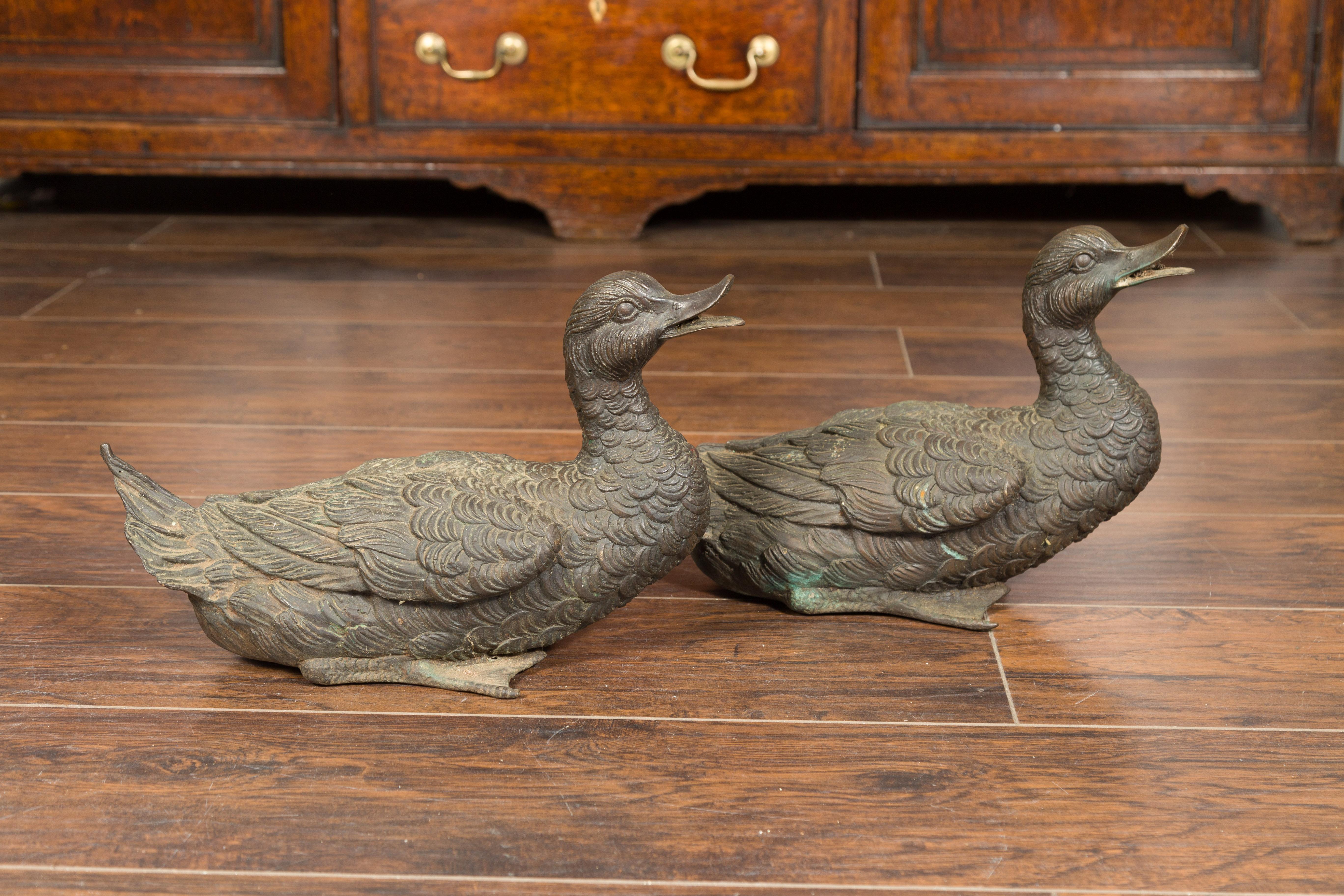 Pair of Vintage 1940s Bronze Swimming and Quacking Ducks For Sale 4