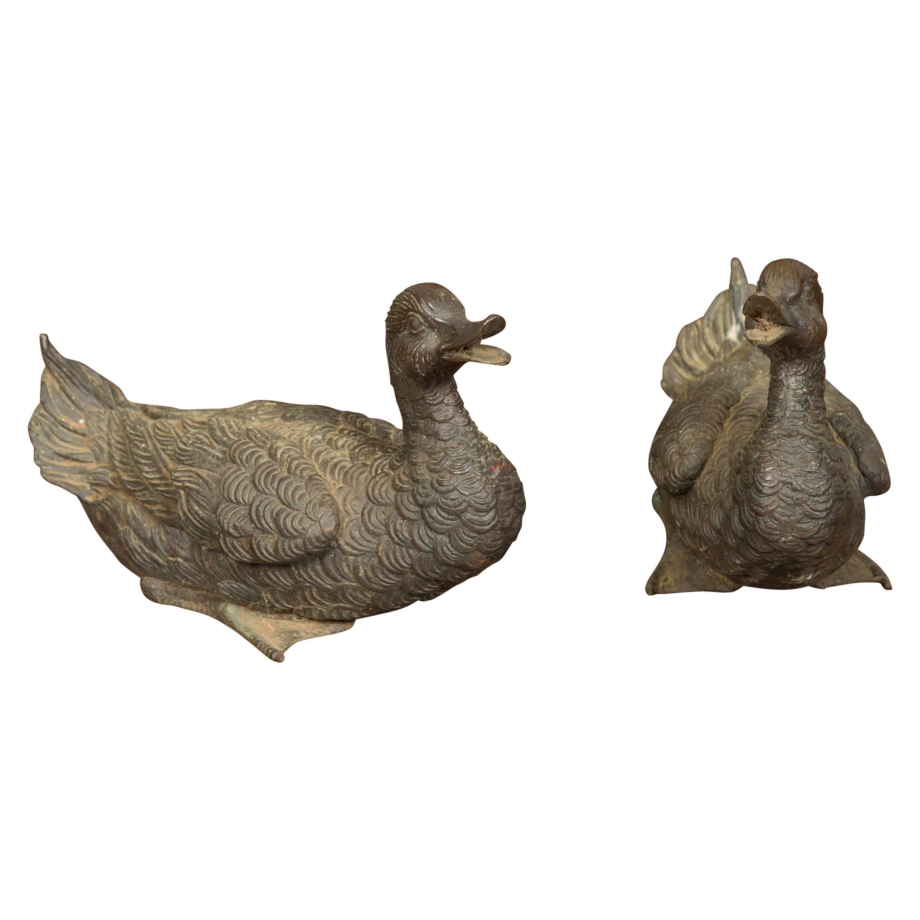 Pair of Vintage 1940s Bronze Swimming and Quacking Ducks For Sale