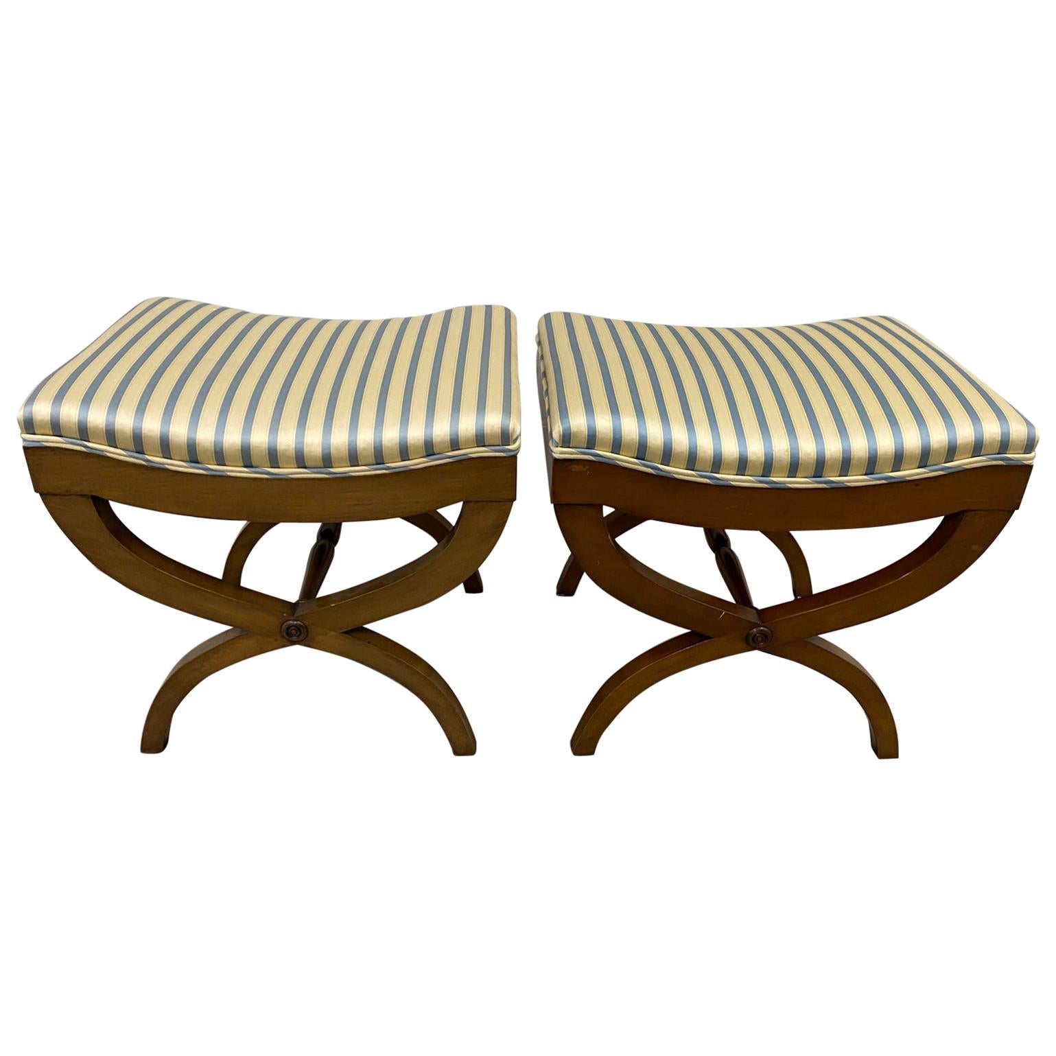 Pair of Vintage 1940s Mahogany and Silk Curule Benches